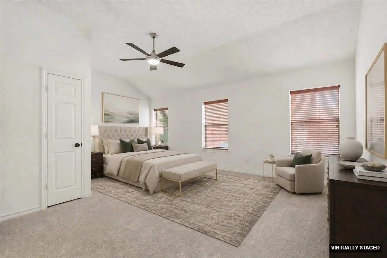 Primary Bedroom with new carpet - virtually staged