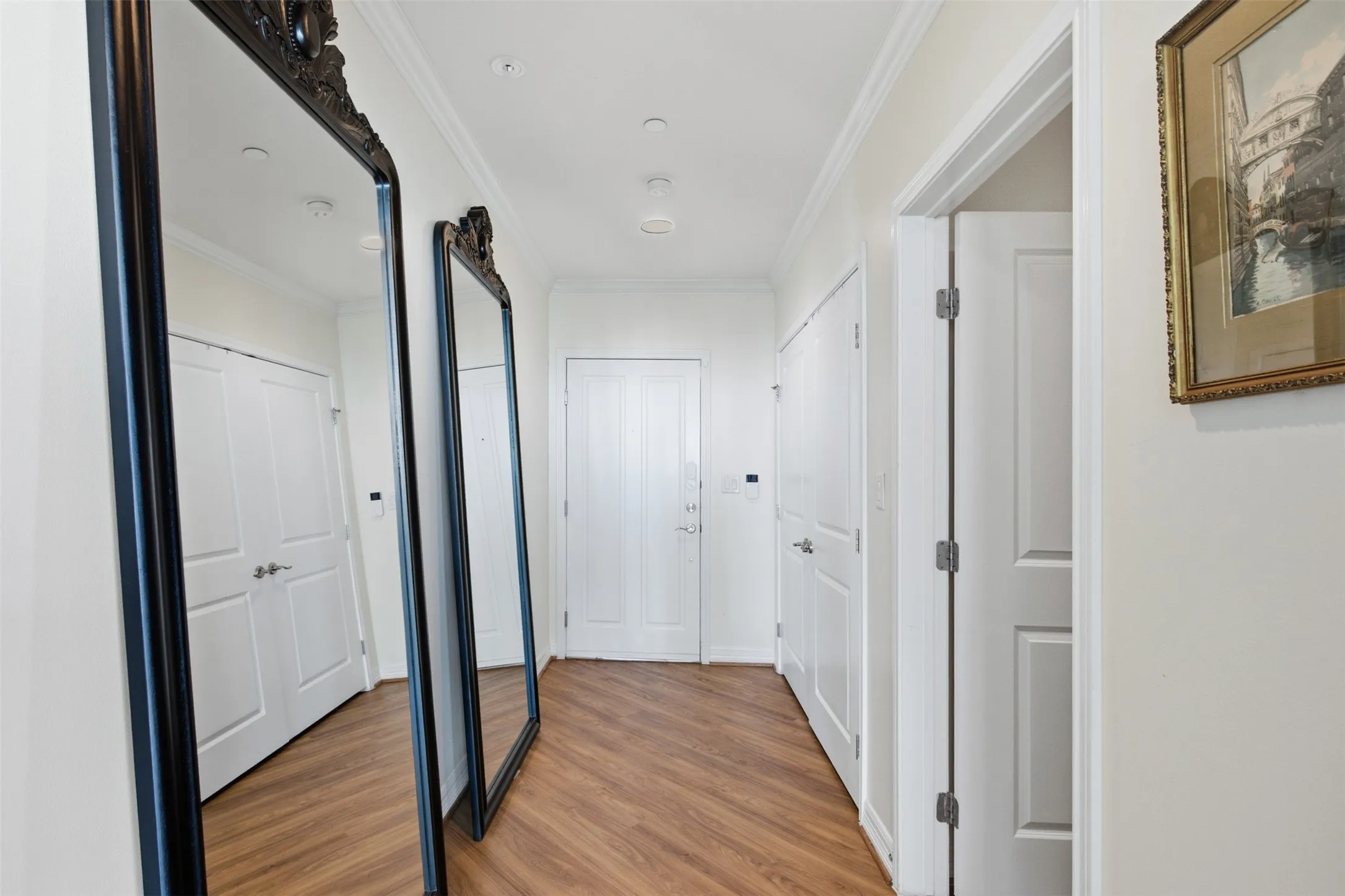 Entry Foyer Hallway with Luxury Vinyl Plank wood-finish flooring laid in a diagonal pattern, multiple white panel doors, and neutral wall paint