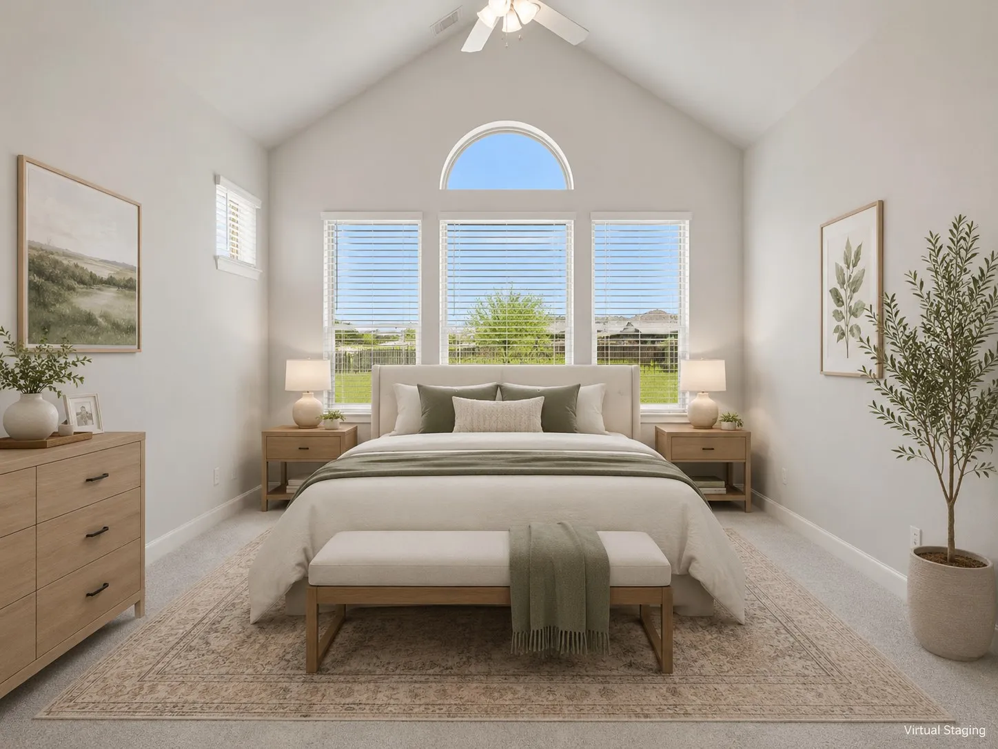 Vaulted ceiling bedroom featuring a large arched window, two vertical windows with blinds, and a ceiling fan
