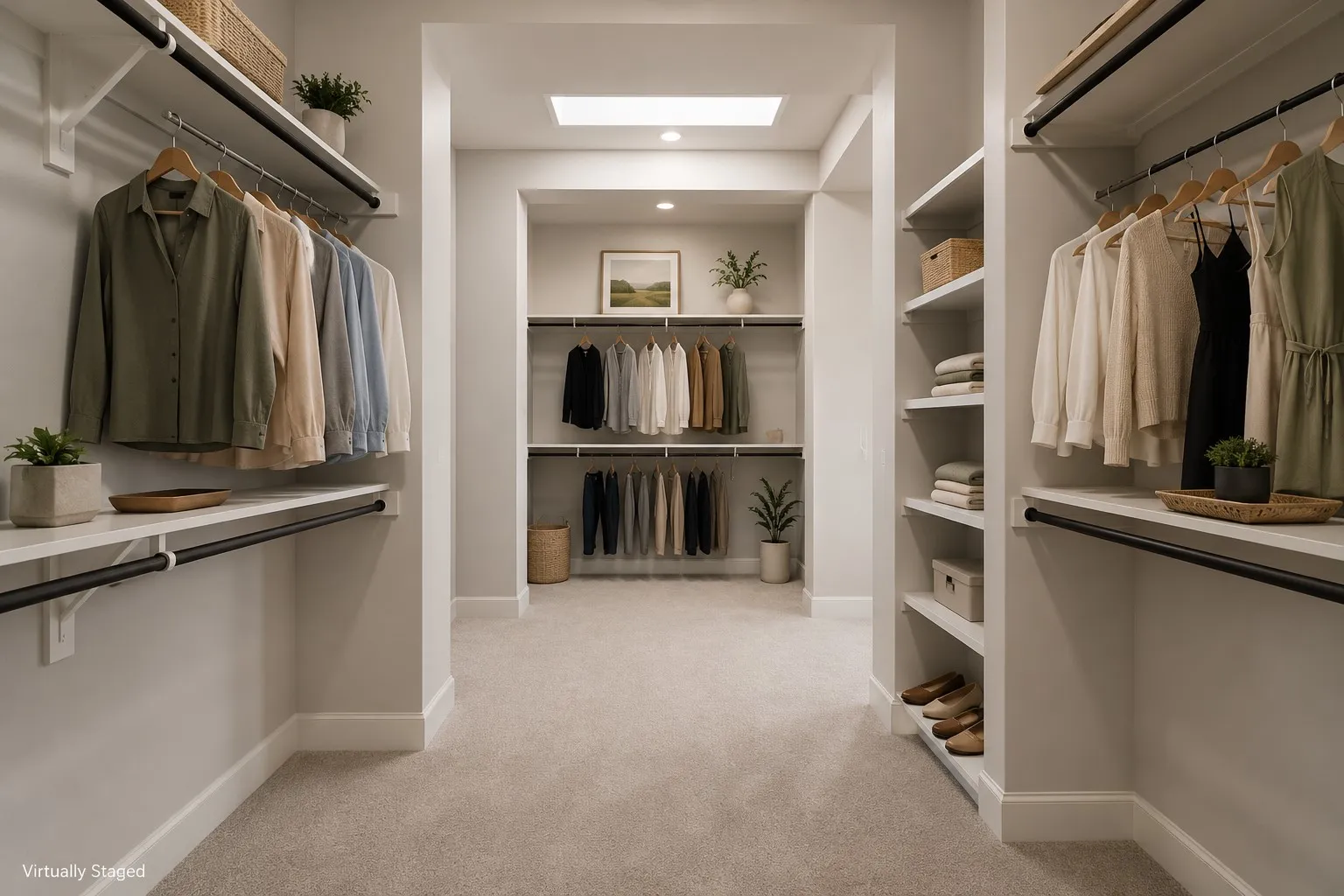 Spacious walk-in closet featuring extensive built-in shelving and hanging rods