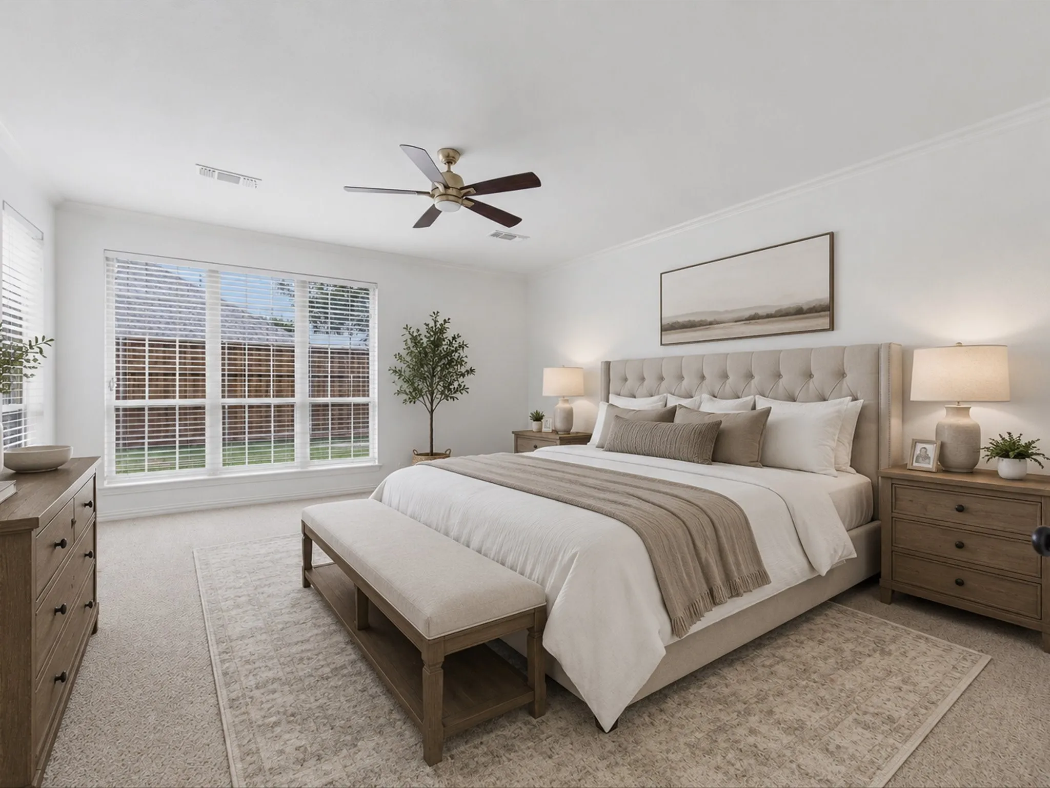 Virtually staged Primary bedroom featuring a tufted upholstered headboard, a large window with blinds, a ceiling fan, and crown molding