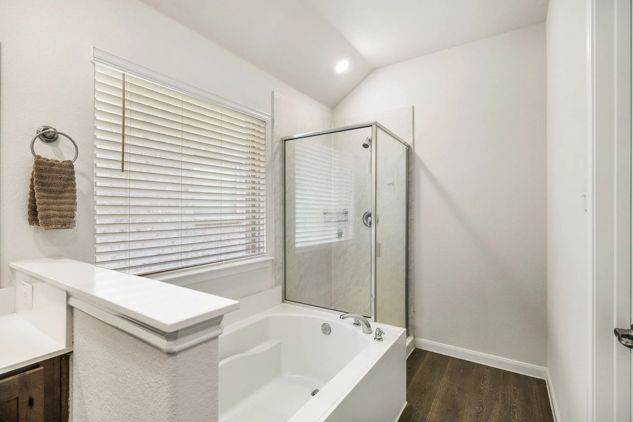 Primary bathroom features a separate stall shower and garden tub, double vanity, lofted ceiling, luxury vinyl plank flooring, and walk-in closet.