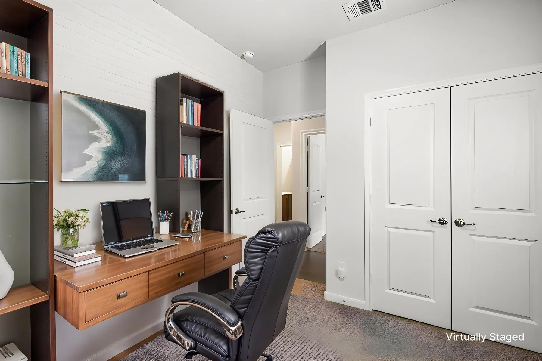 Virtually staged - Bedroom #3 - View as your private office featuring carpet flooring and a vaulted ceiling.