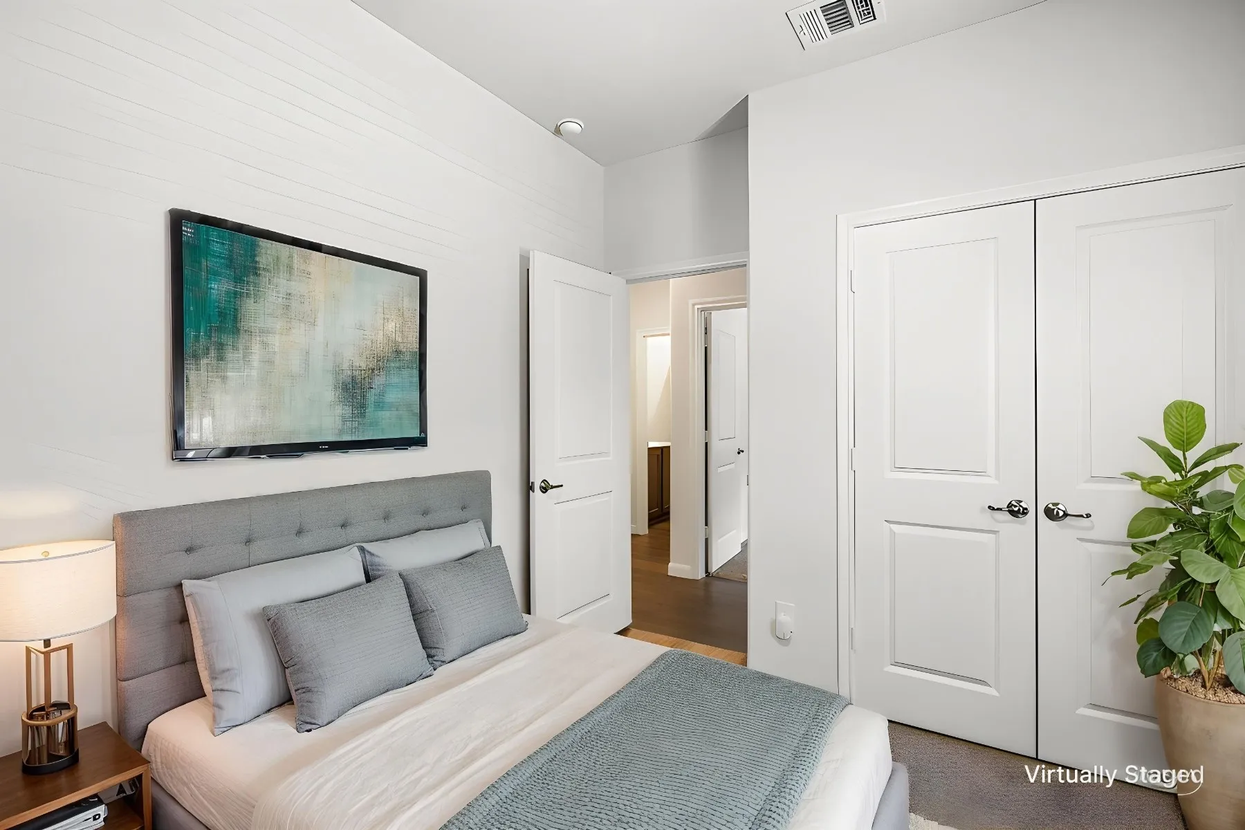 Virtually staged - View as Bedroom #3 featuring carpet flooring and a vaulted ceiling