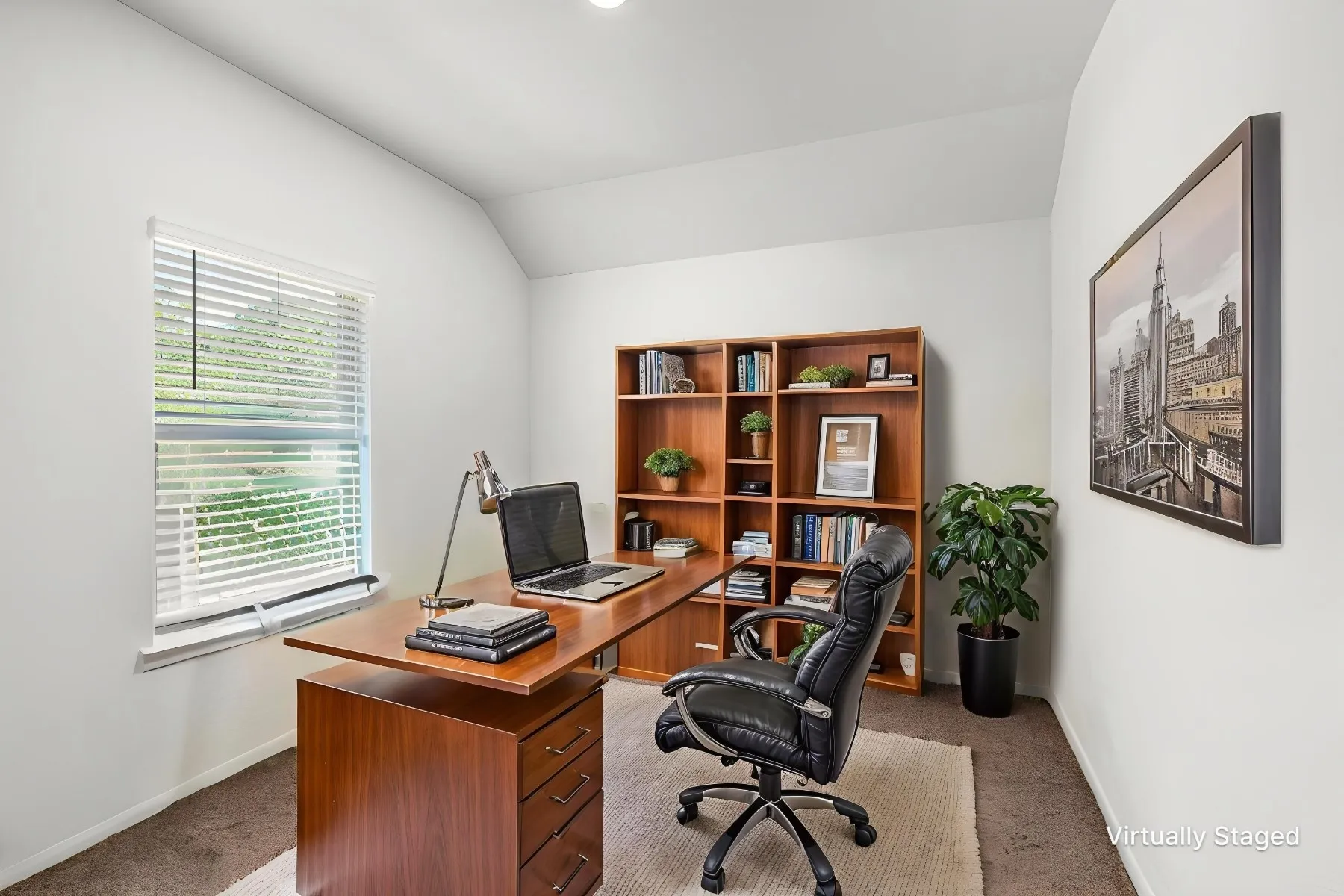 Virtually staged - Bedroom #3 - View as your private office featuring carpet flooring and a vaulted​​‌​​​​‌​​‌‌​‌‌​​​‌‌​‌​‌​‌​​​‌​​ ceiling.