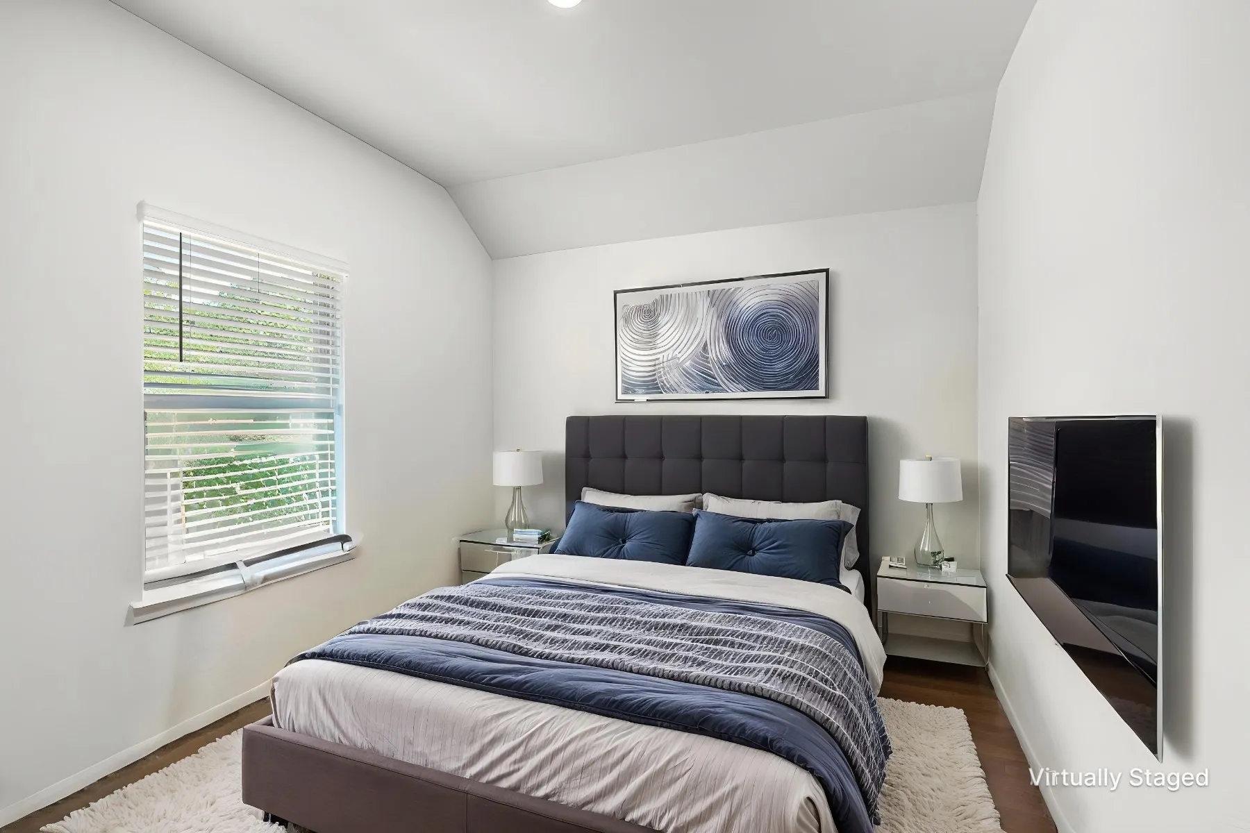 Virtually staged - View as Bedroom #3 featuring carpet flooring and a vaulted ceiling
