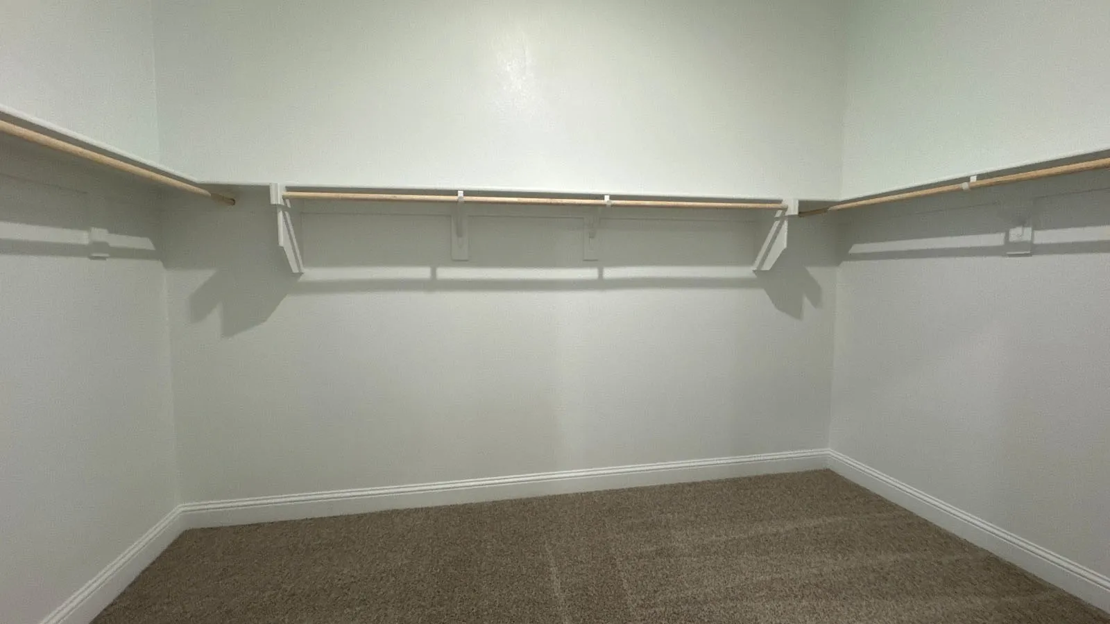 Spacious walk-in closet with carpet flooring, white walls, and built-in shelving with hanging rods