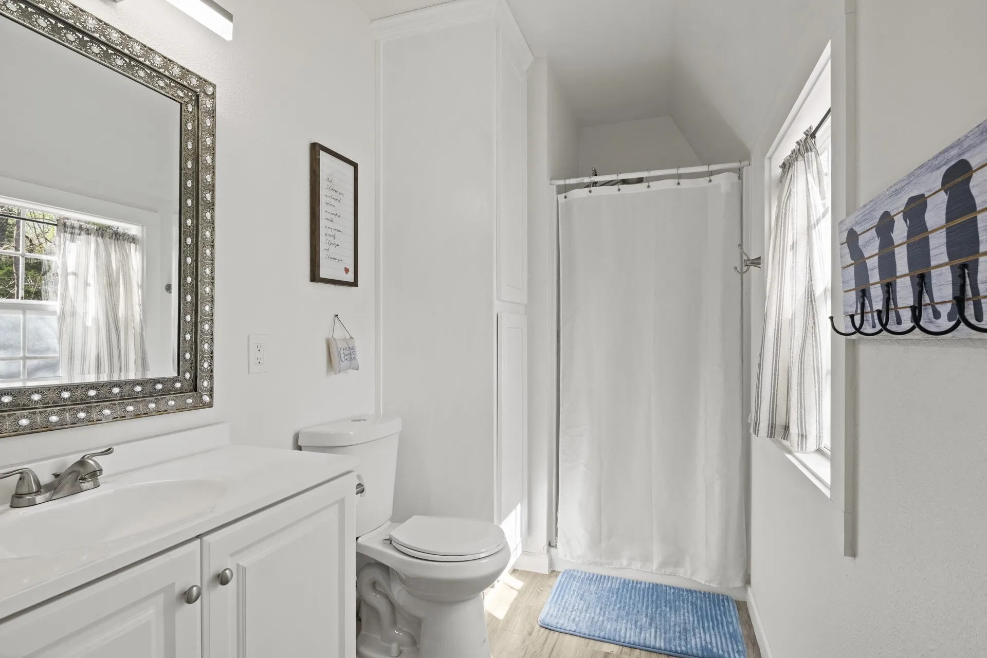 Bathroom featuring wood-type flooring, toilet, and large vanity