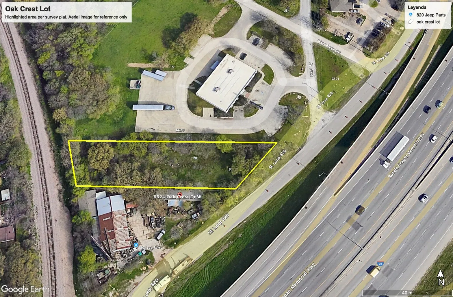 Highlighted area per survey plat. Aerial image for reference only.