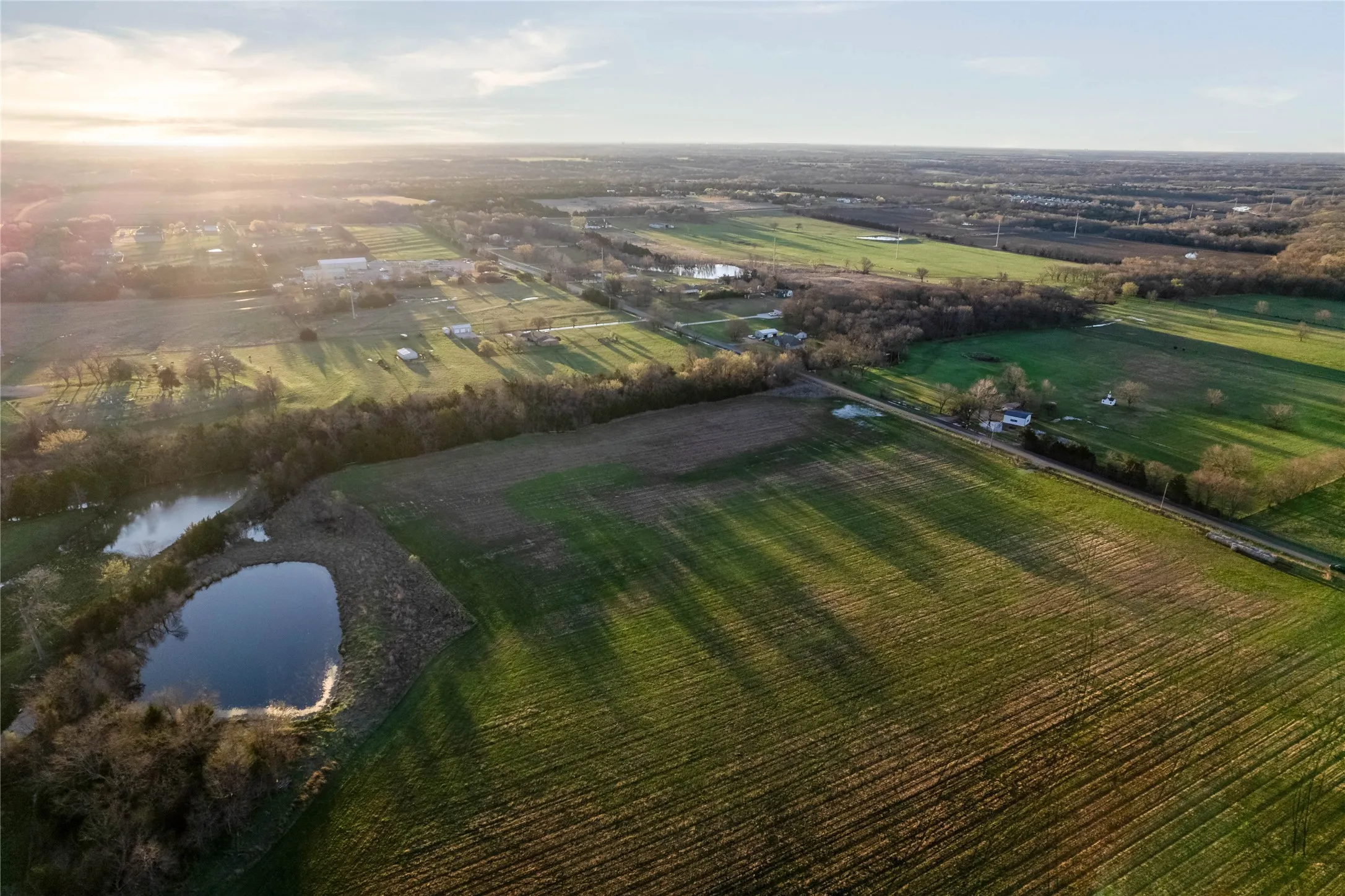 Expansive agricultural land featuring a pond and wooded areas