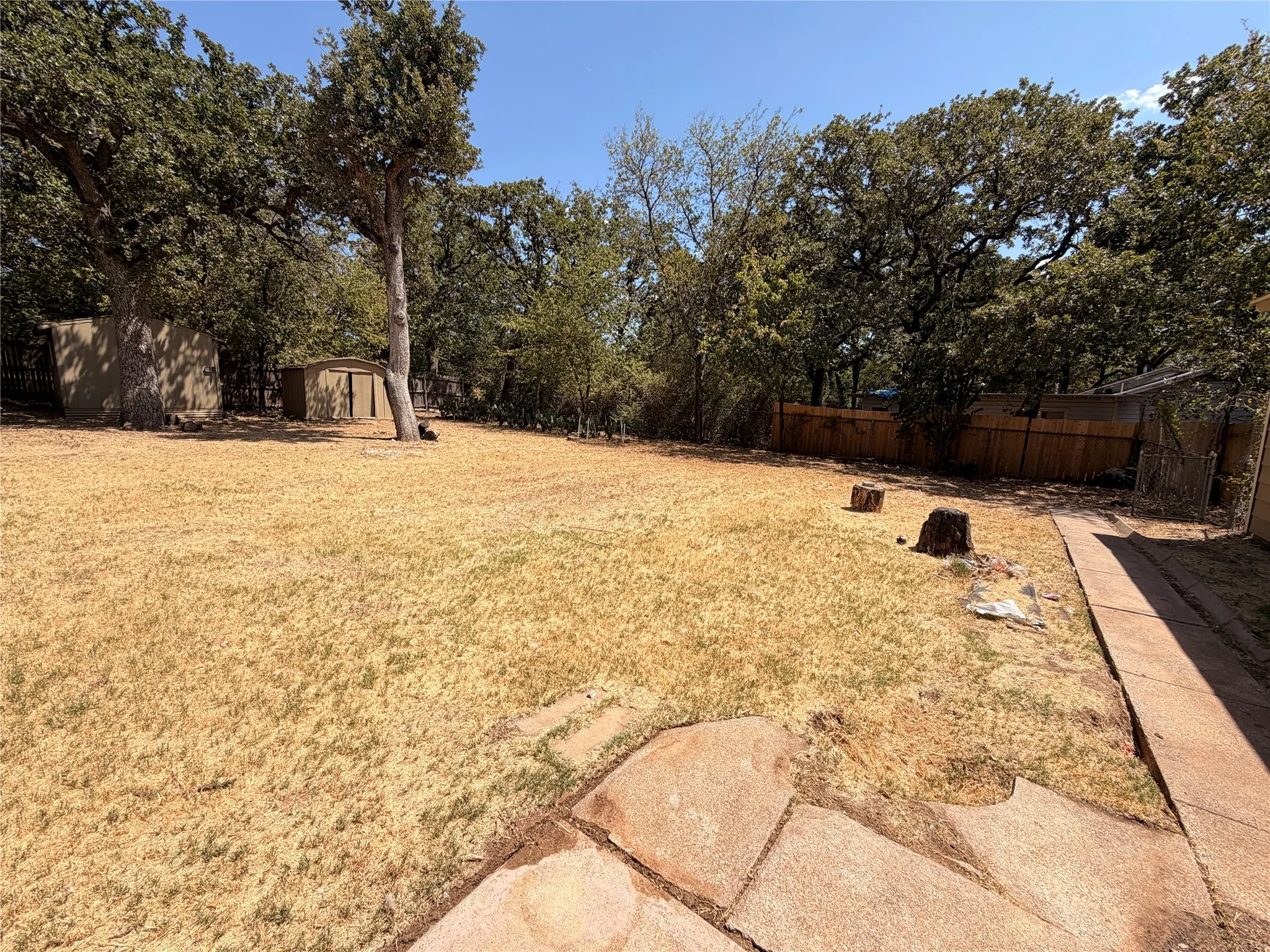 Expansive yard featuring mature trees, two storage sheds, a wood fence, and a concrete pathway with flagstone accents