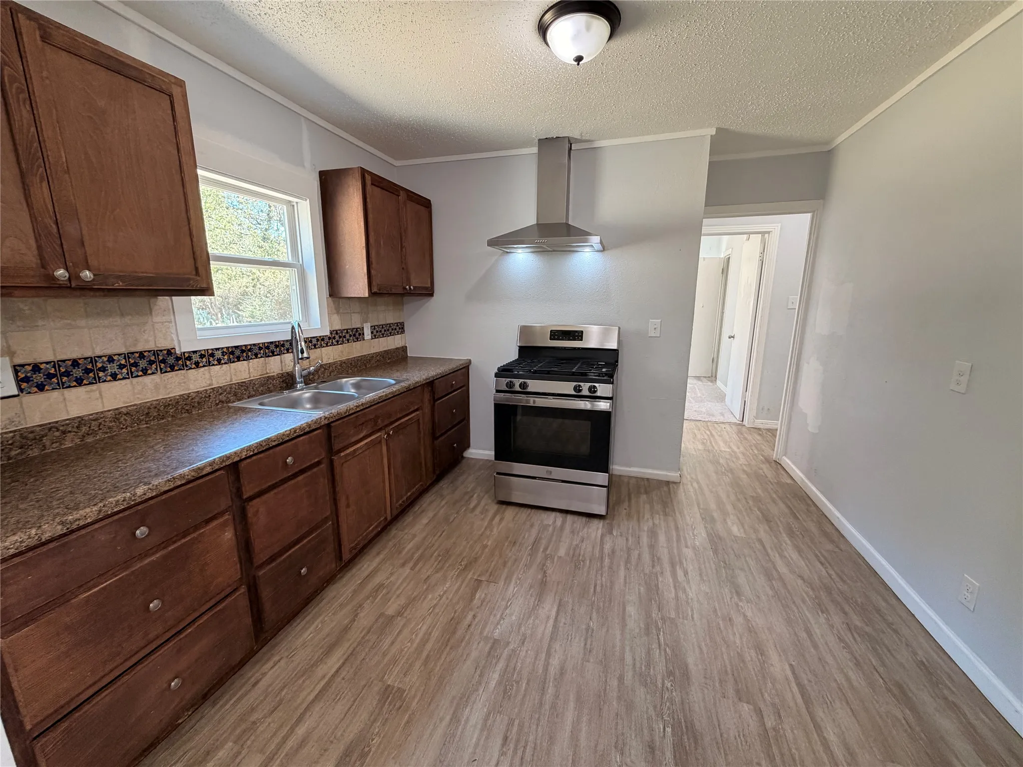 Wood-finish flooring throughout, stainless steel range with overhead ventilation, and a double basin sink