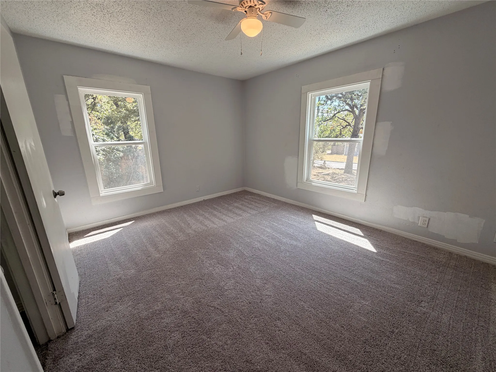 Gray carpet flooring and two single-hung windows