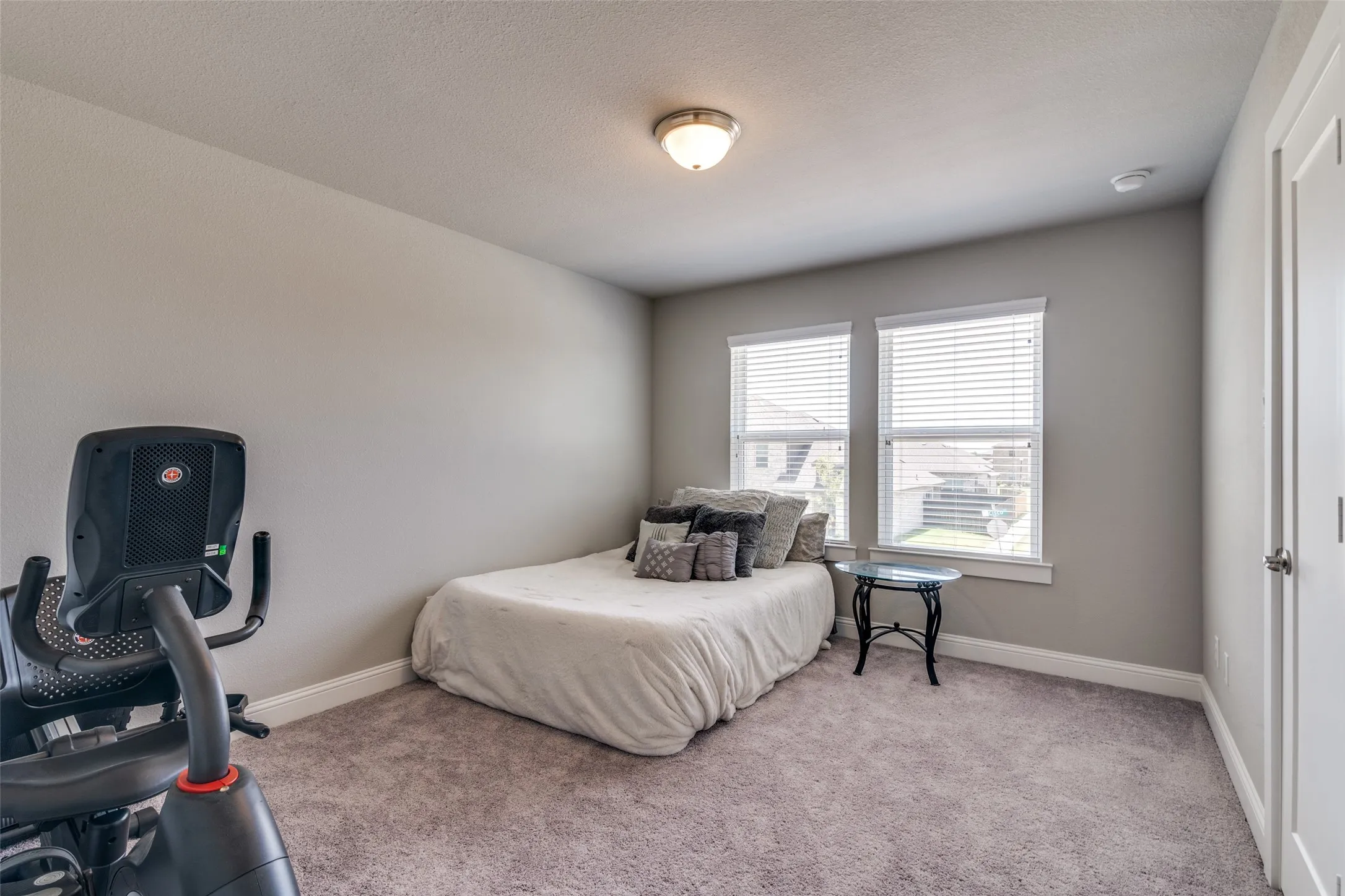 Carpeted room featuring light gray walls and white trim