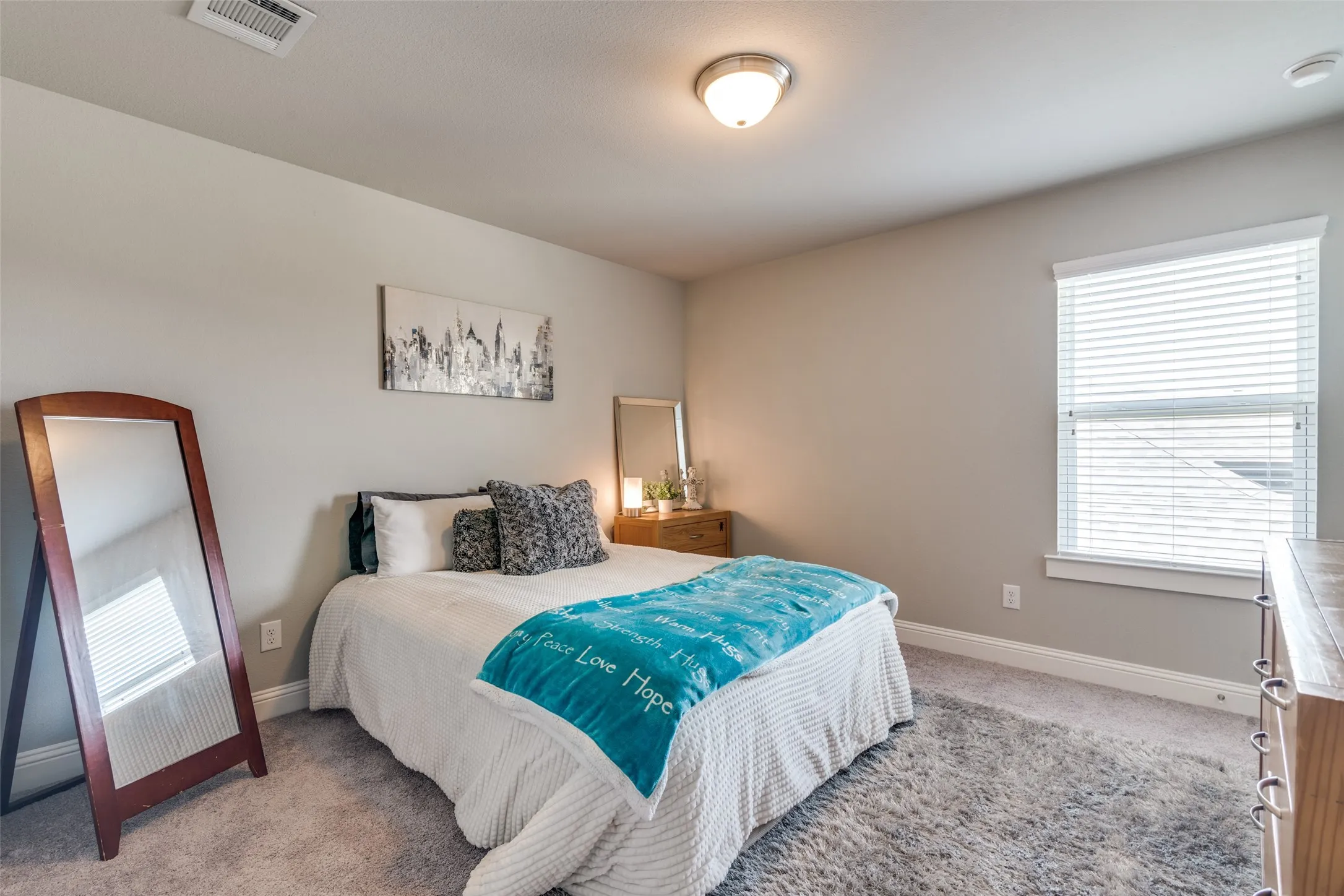 Carpeted room with a single window featuring blinds, light gray wall paint, and a ceiling-mounted light fixture