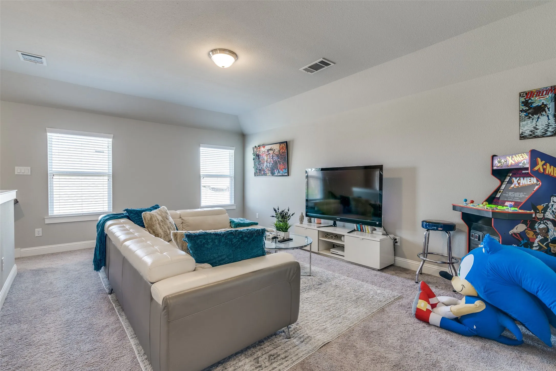 Carpeted living area featuring two windows with blinds, a ceiling-mounted light fixture, and light-toned wall paint