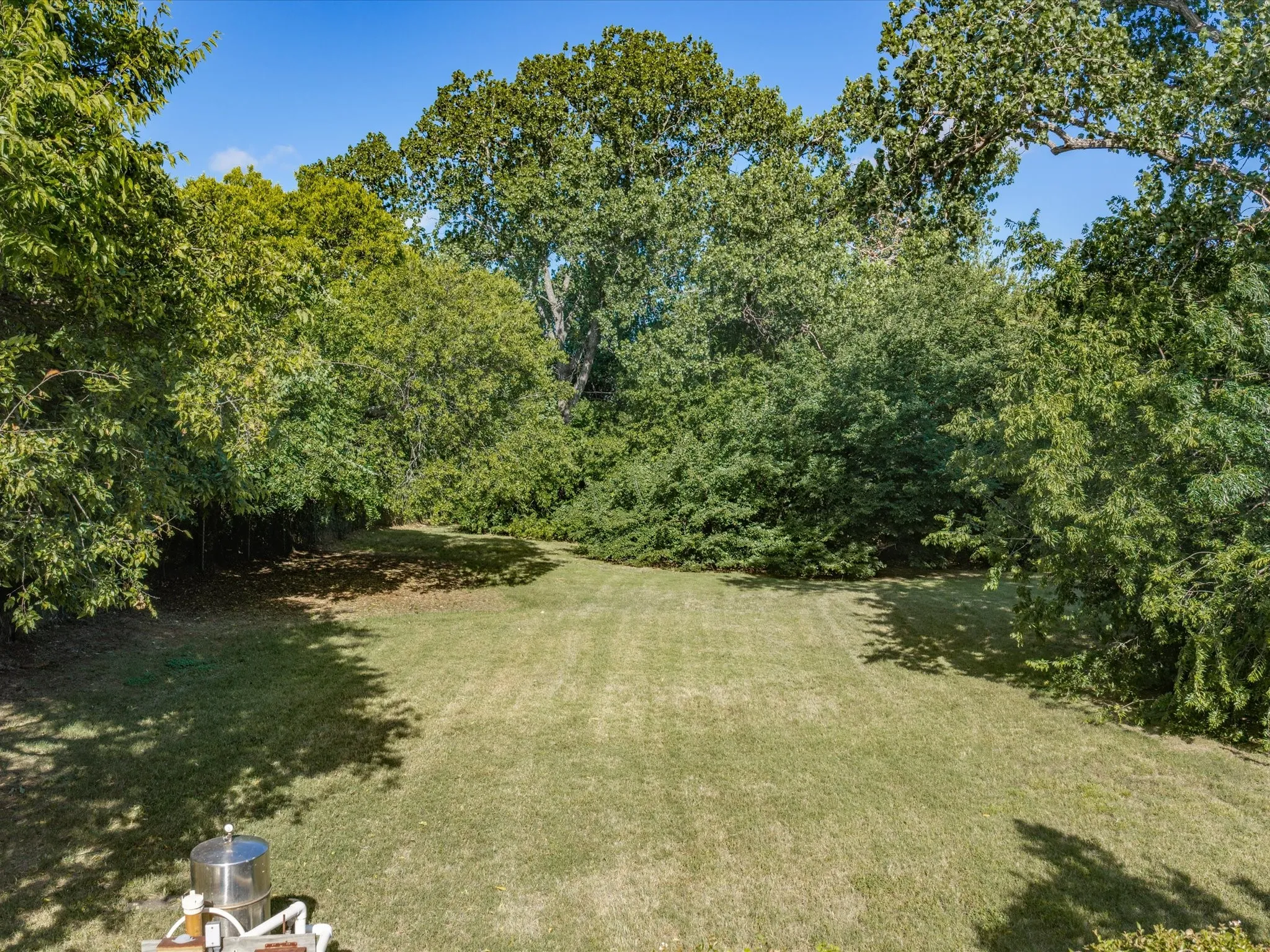 Expansive grassy yard area surrounded by mature trees and lush greenery
