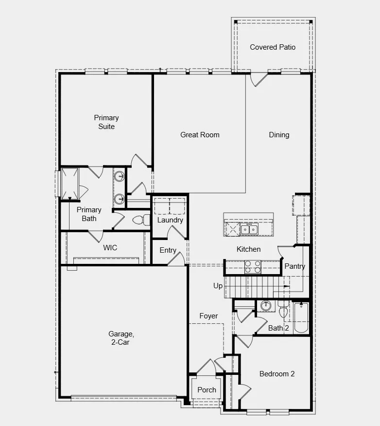 First Floor Plan -  Additional Highlights Include: washer, dryer, refrigerator, and covered back patio with gas drop for future grill