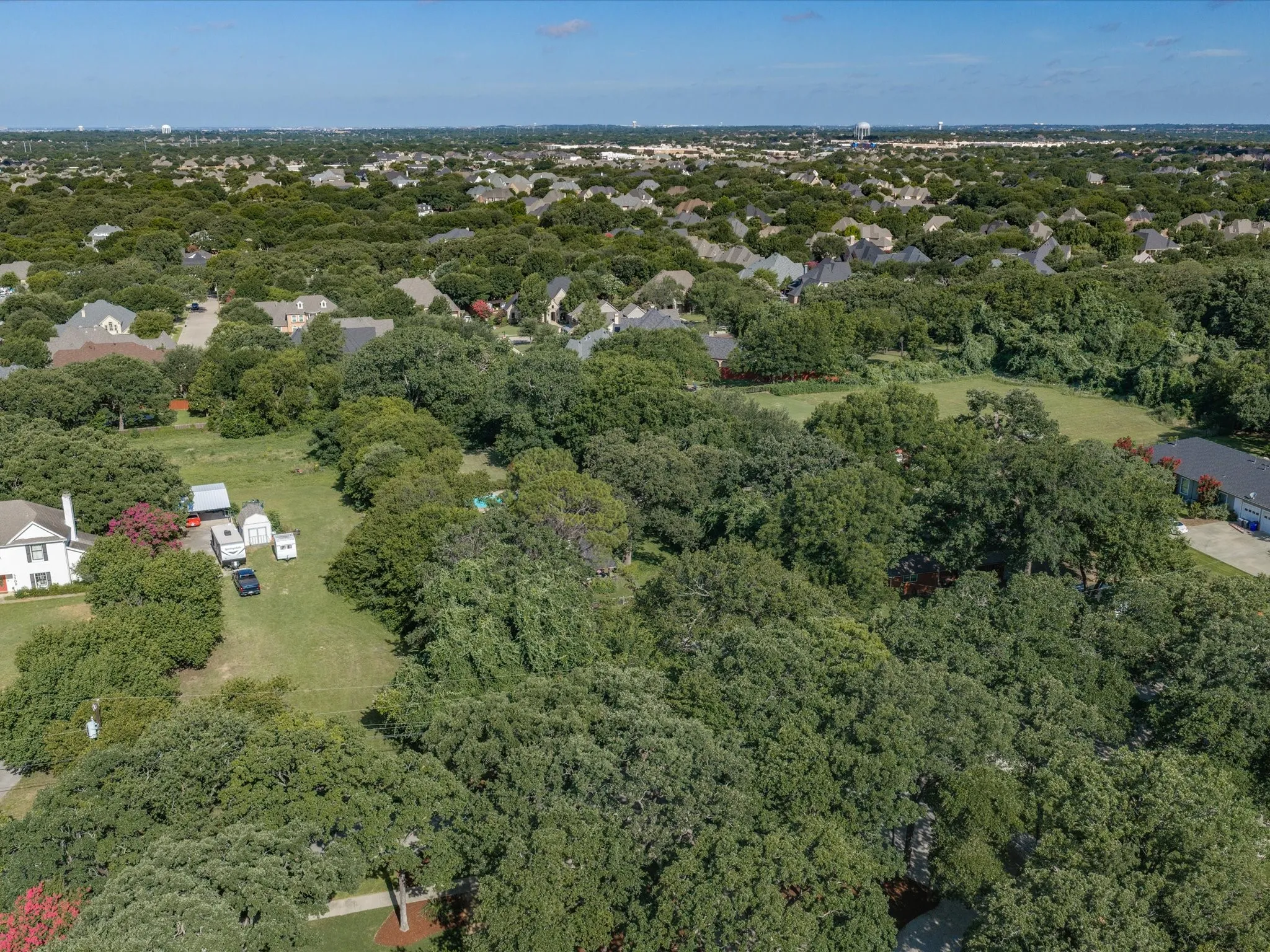 Expansive green space featuring mature trees and a clear blue sky