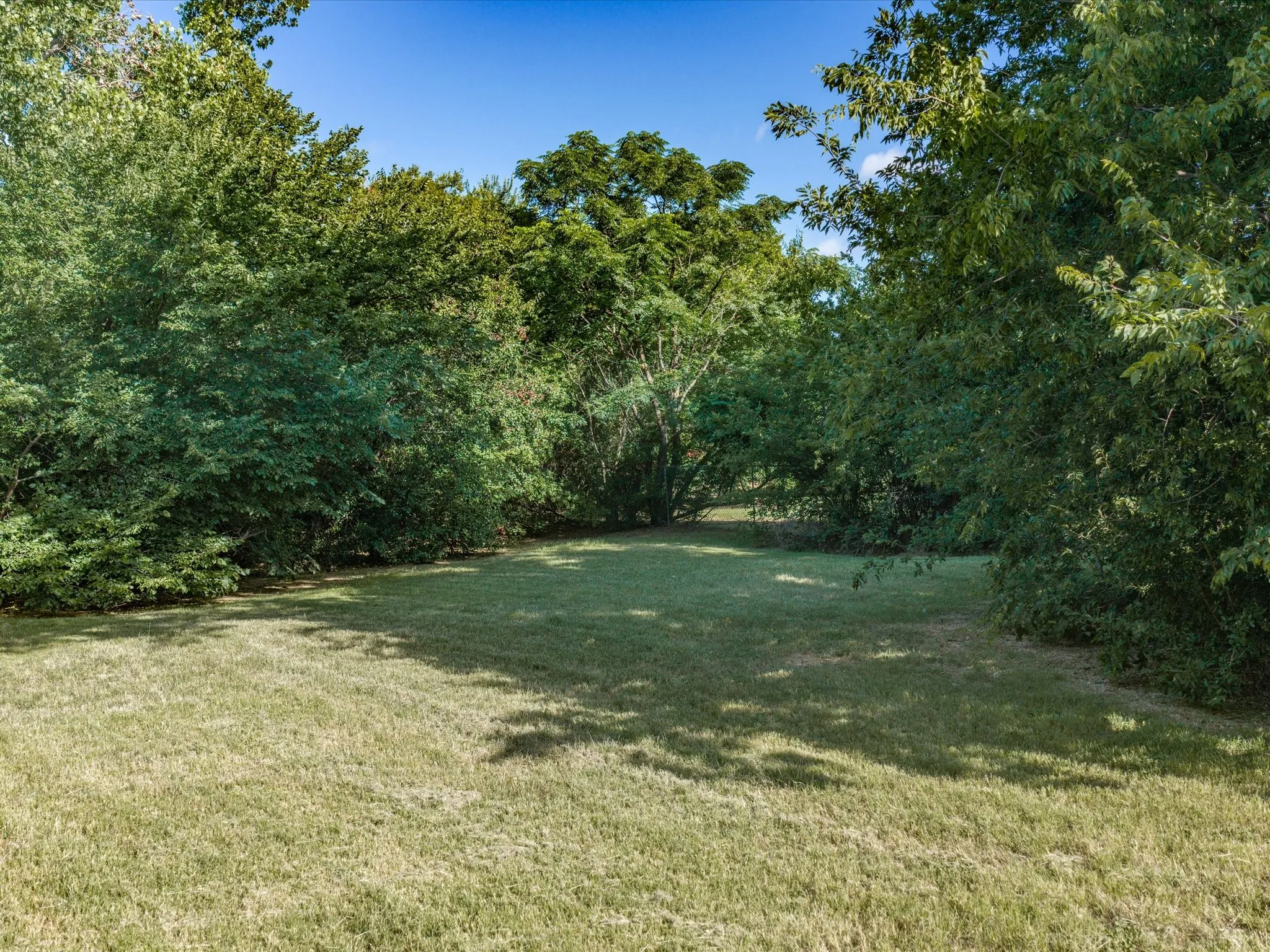 Expansive green space featuring mature perimeter trees and natural landscaping