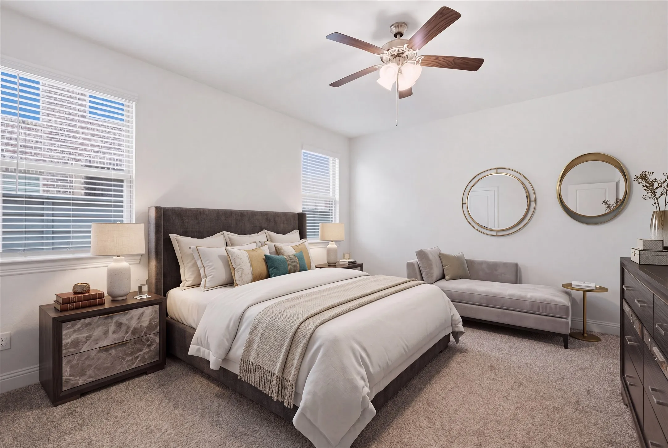Bedroom featuring two windows with blinds, a ceiling fan with light fixture, and plush carpeting