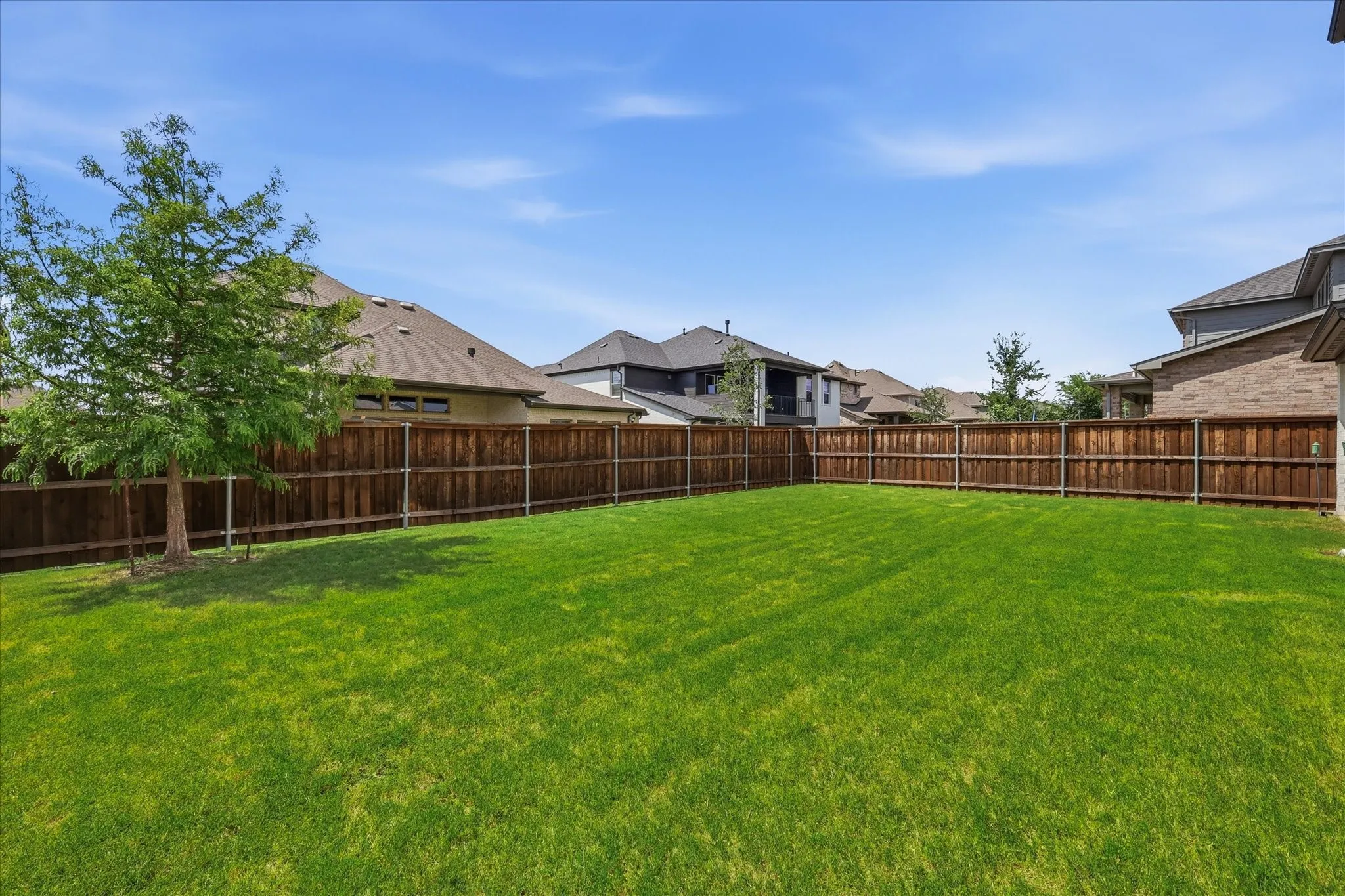 Expansive green lawn surrounded by a wooden privacy fence
