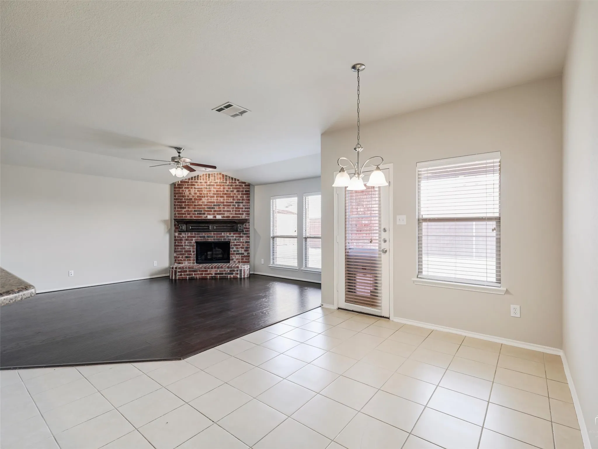 Bright dining area flows into the cozy family room