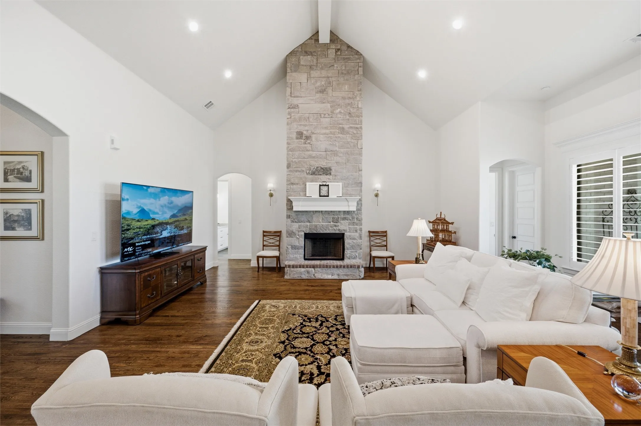 Living room featuring wood burning fireplace