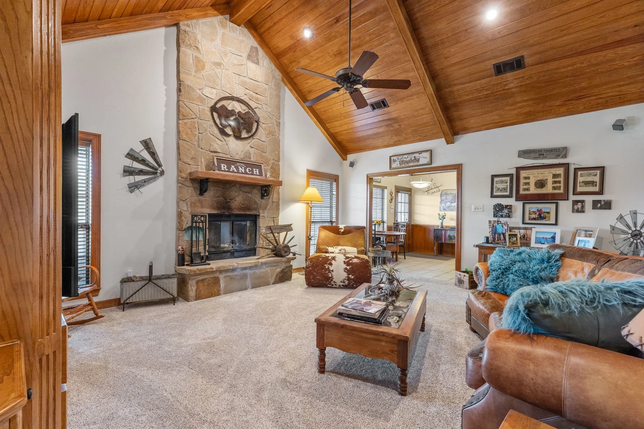 Vaulted wood-paneled ceiling with exposed beams