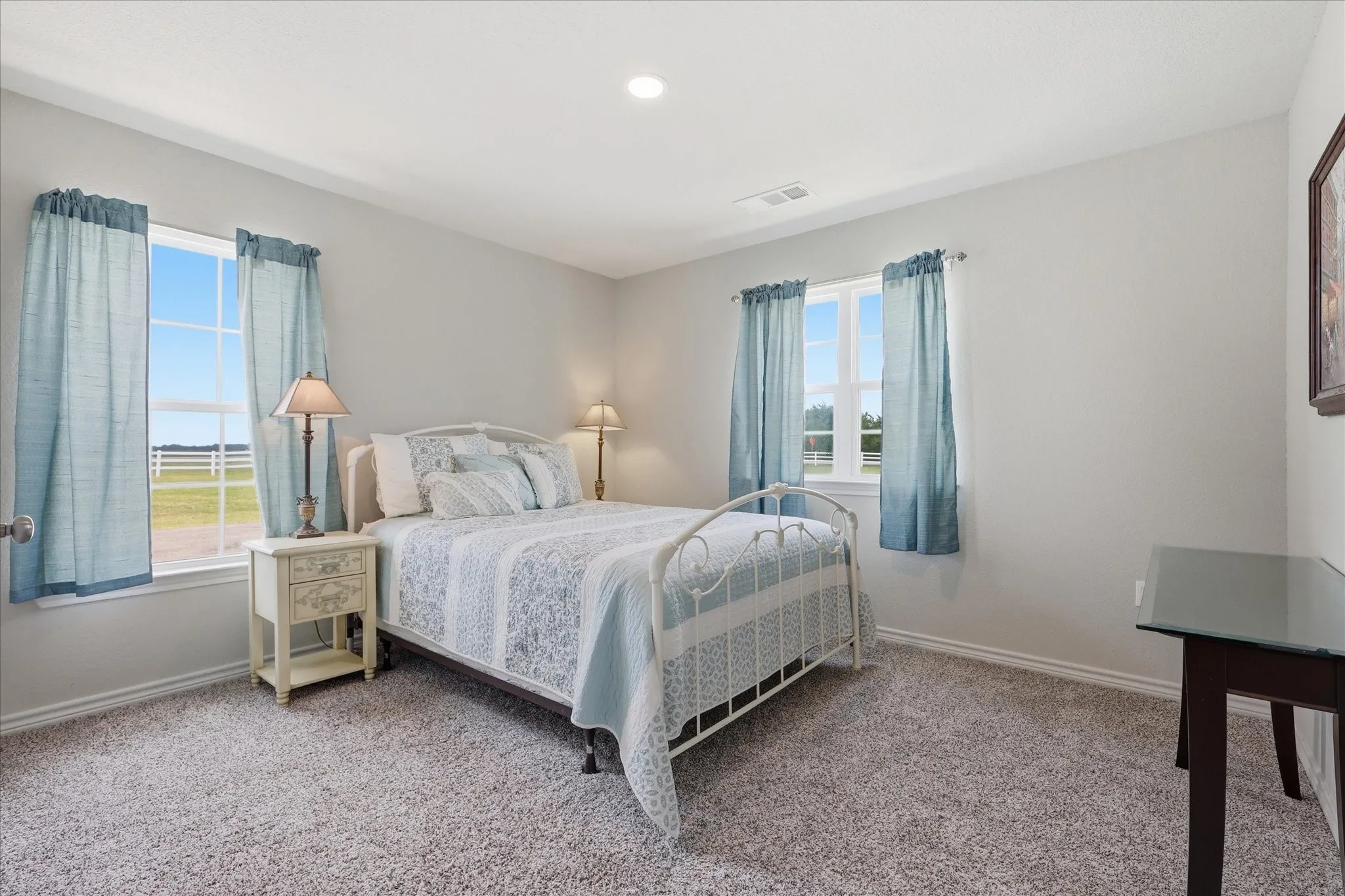 Bright bedroom featuring two windows with outdoor views, light gray walls, plush gray carpet, and a recessed ceiling light