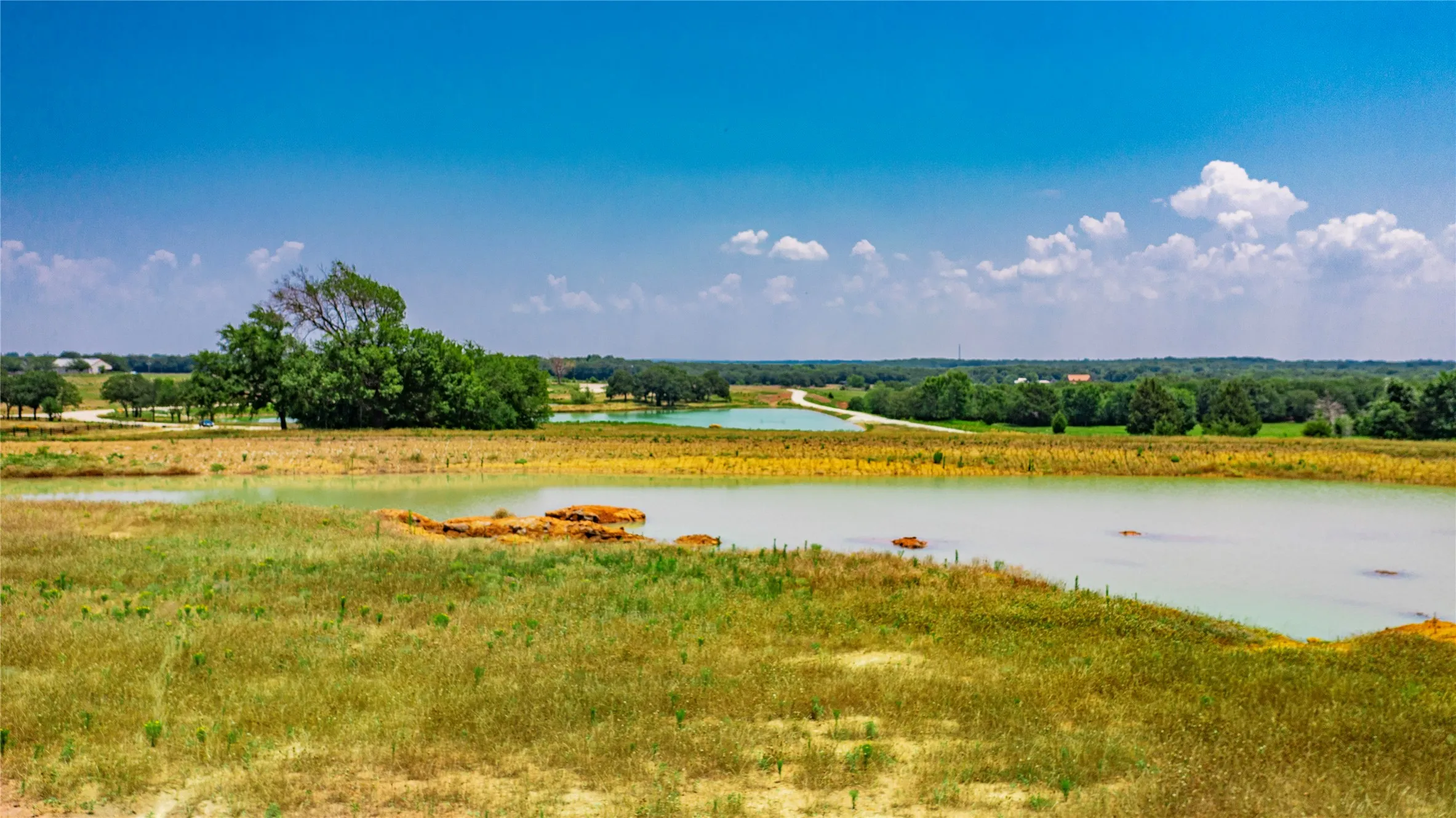 Expansive natural landscape featuring multiple bodies of water, open fields, and scattered mature trees