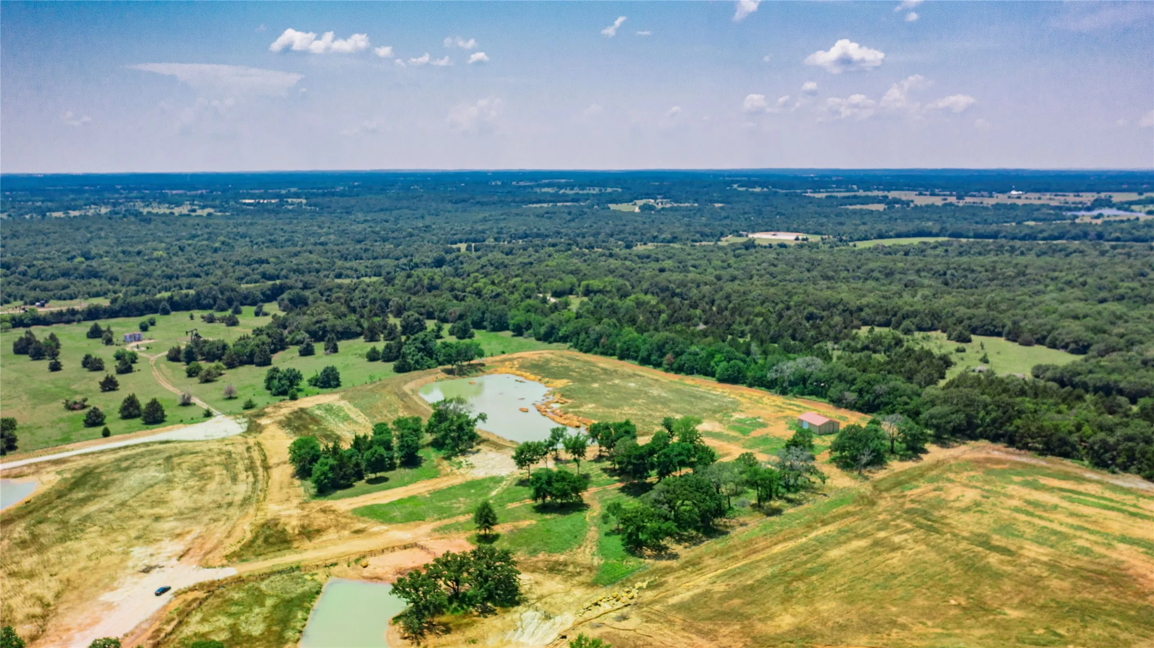 Expansive open fields with multiple ponds and mature trees