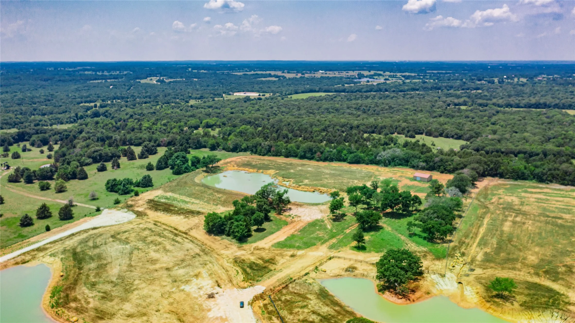 Expansive property featuring multiple ponds, mature trees, open fields, and distant wooded areas