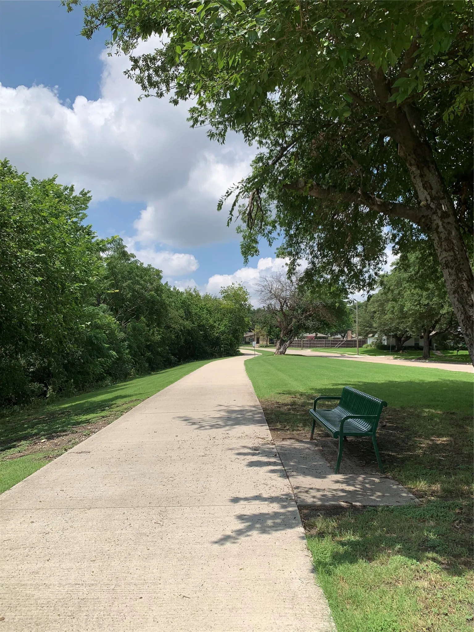 Paved pathway bordered by manicured lawns and mature trees