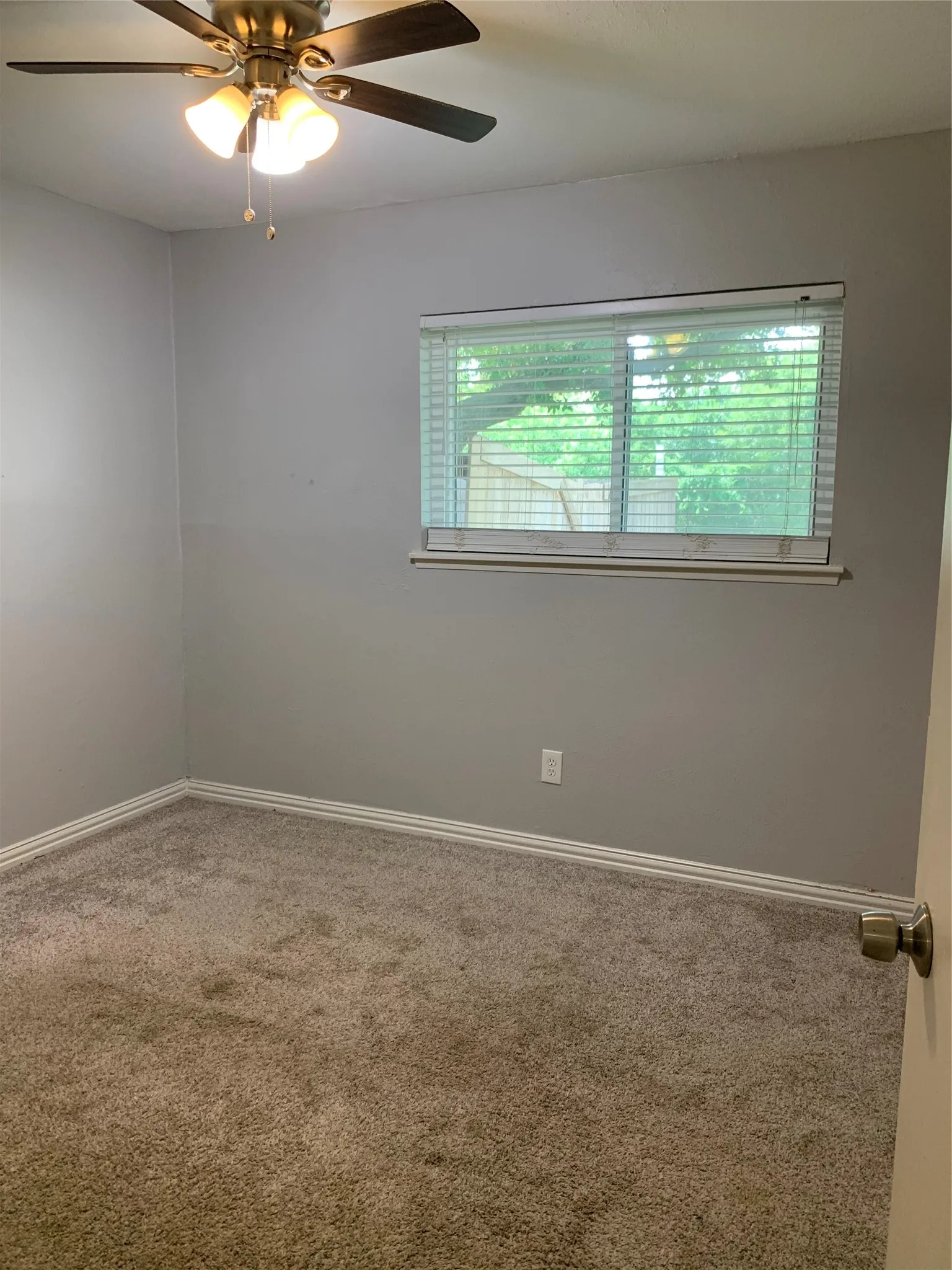 Wall-to-wall carpeting with white baseboards and neutral wall paint