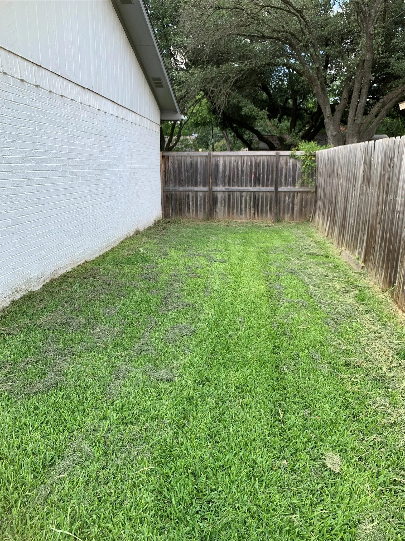 Expansive side yard featuring a freshly trimmed lawn and full privacy fencing