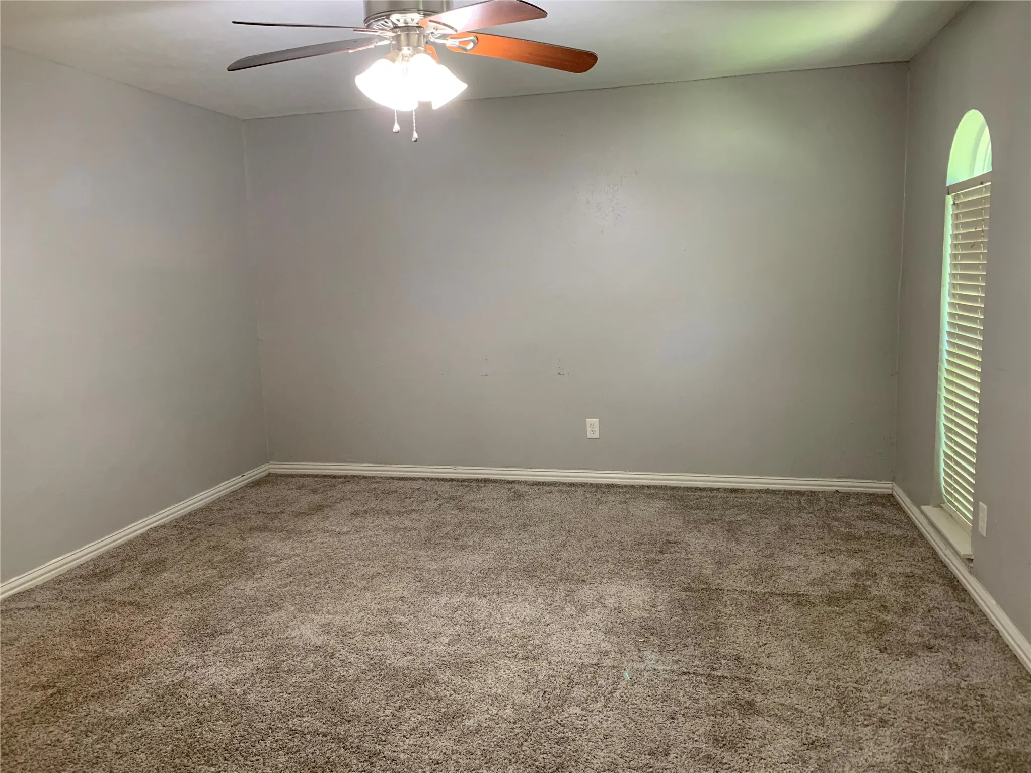 Spacious room featuring neutral carpeting, light gray wall paint, and white baseboards