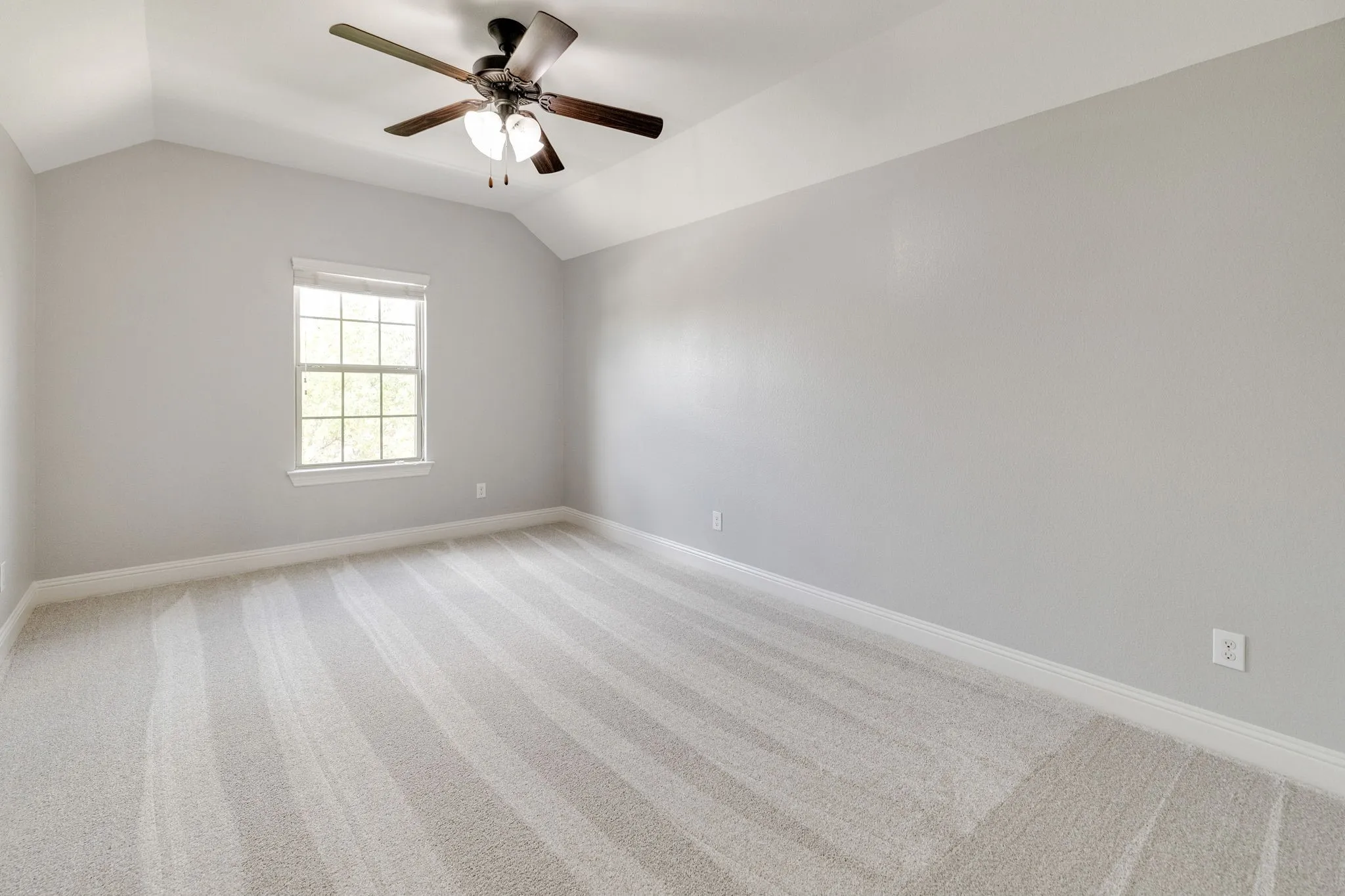 Carpeted room featuring a ceiling fan with light kit, a single pane window, vaulted ceiling, and neutral wall tones