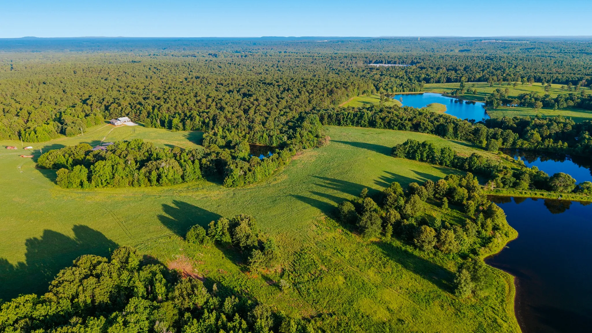 Expansive green acreage featuring multiple bodies of water and dense mature tree lines