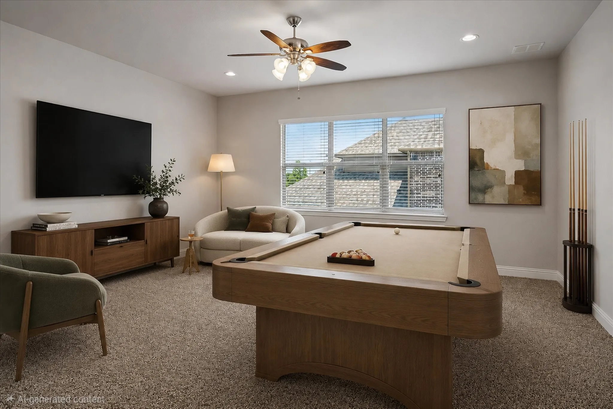 VIRTUALLY STAGED PHOTO OF GAMEROOM - Spacious entertainment room featuring light-colored carpeting and neutral wall paint
