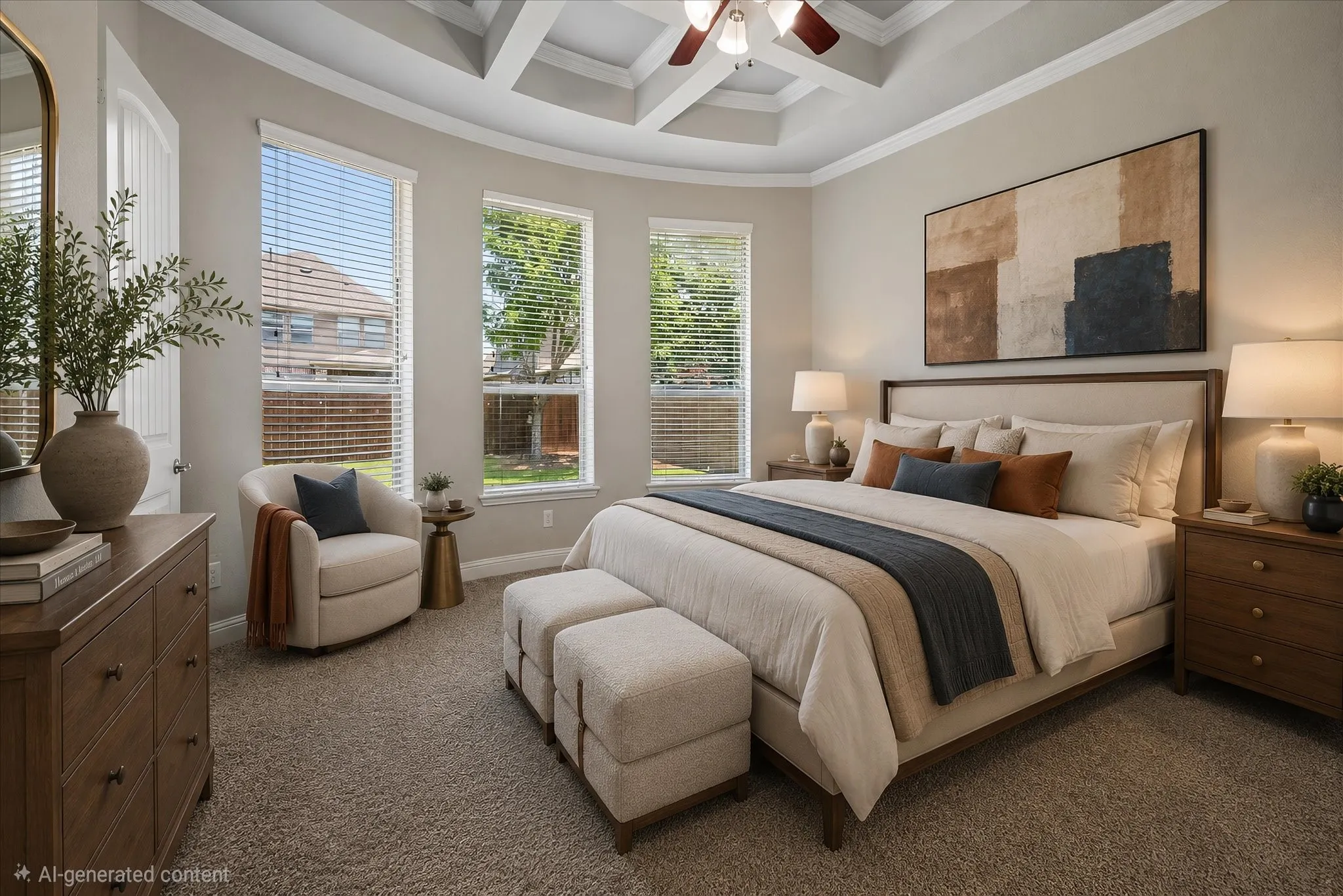 VIRTUALLY STAGED PHOTO OF PRIMARY BEDROOM - Coffered ceiling with a ceiling fan