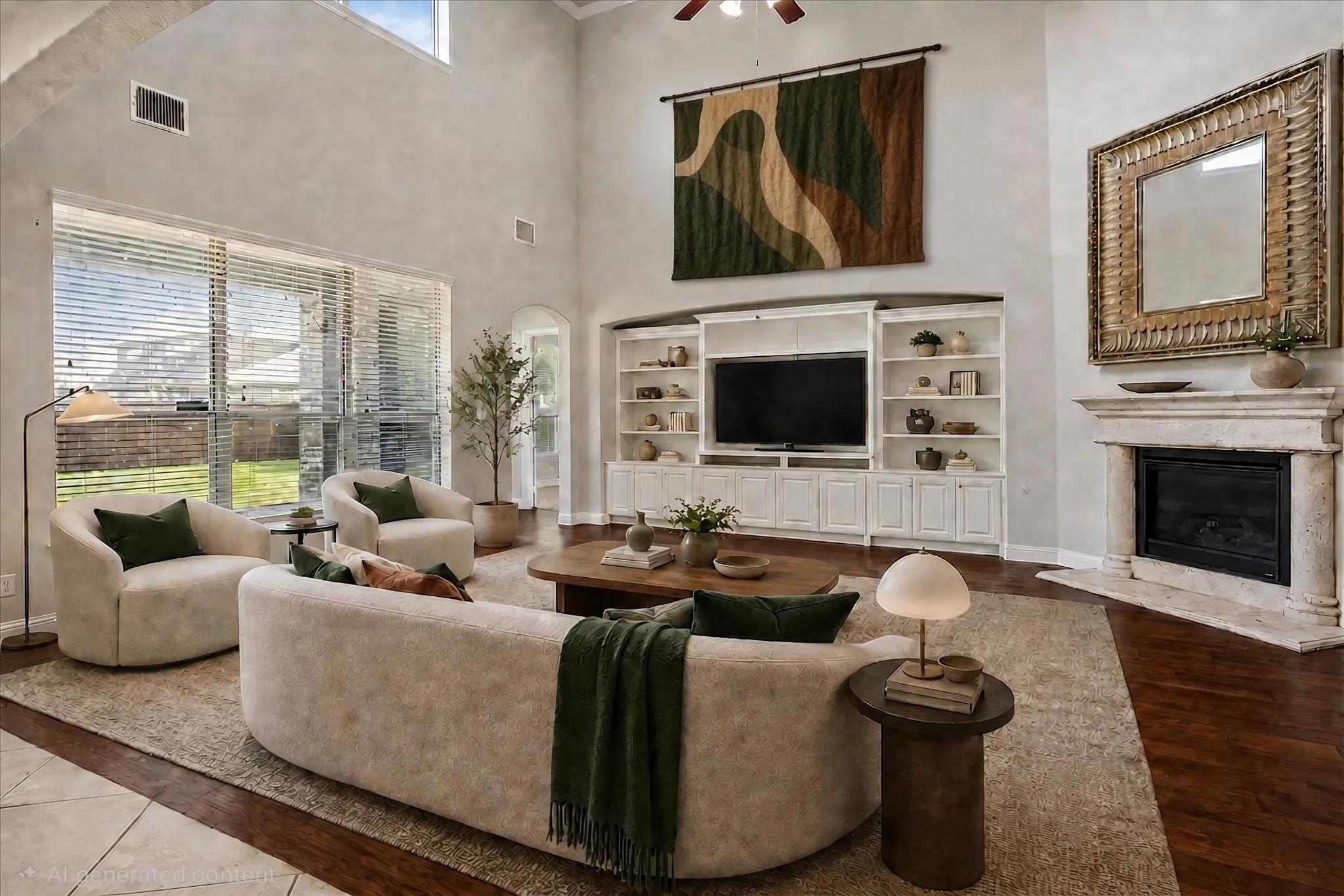 VIRTUALLY STAGED PHOTO OF LIVING ROOM -Spacious living area featuring high ceilings and large picture windows