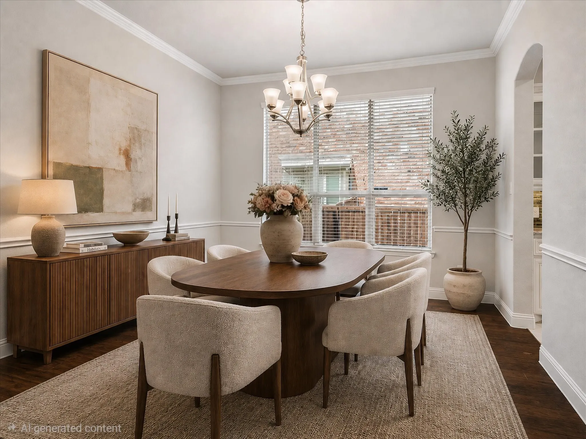 STAGED PHOTO OF DINING ROOM -Formal dining area featuring crown molding, hardwood flooring, a multi-pane window with blinds, and an arched entry