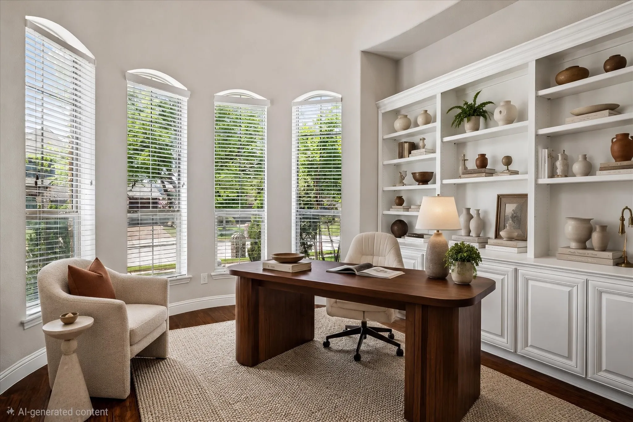 VIRTUALLY STAGED PHOTO OF OFFICE - Interior room featuring a curved wall with four tall, arched windows, built-in shelving, and wood-finish flooring