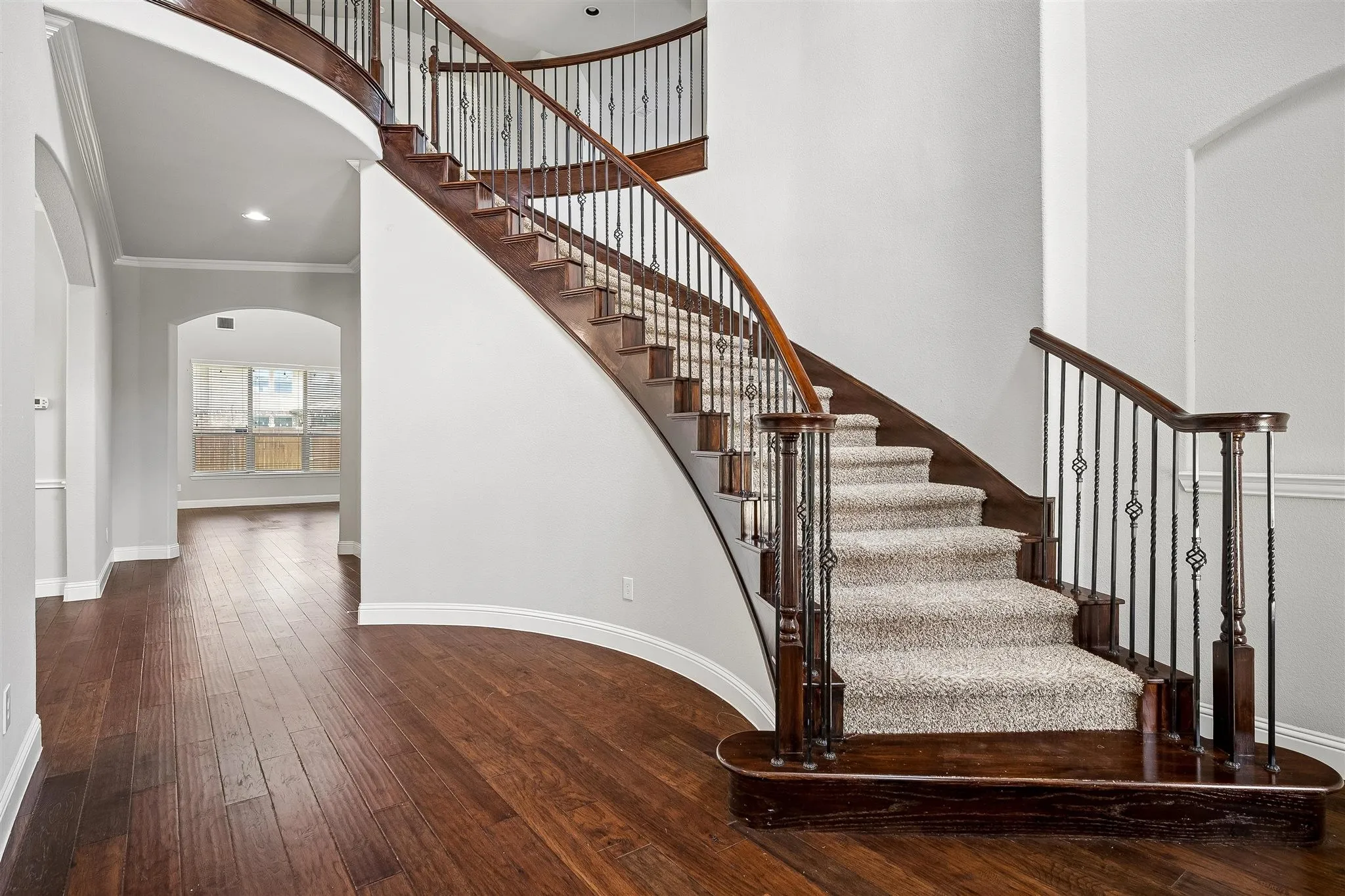 Curved staircase featuring dark wood handrails, decorative iron balusters, and carpeted treads