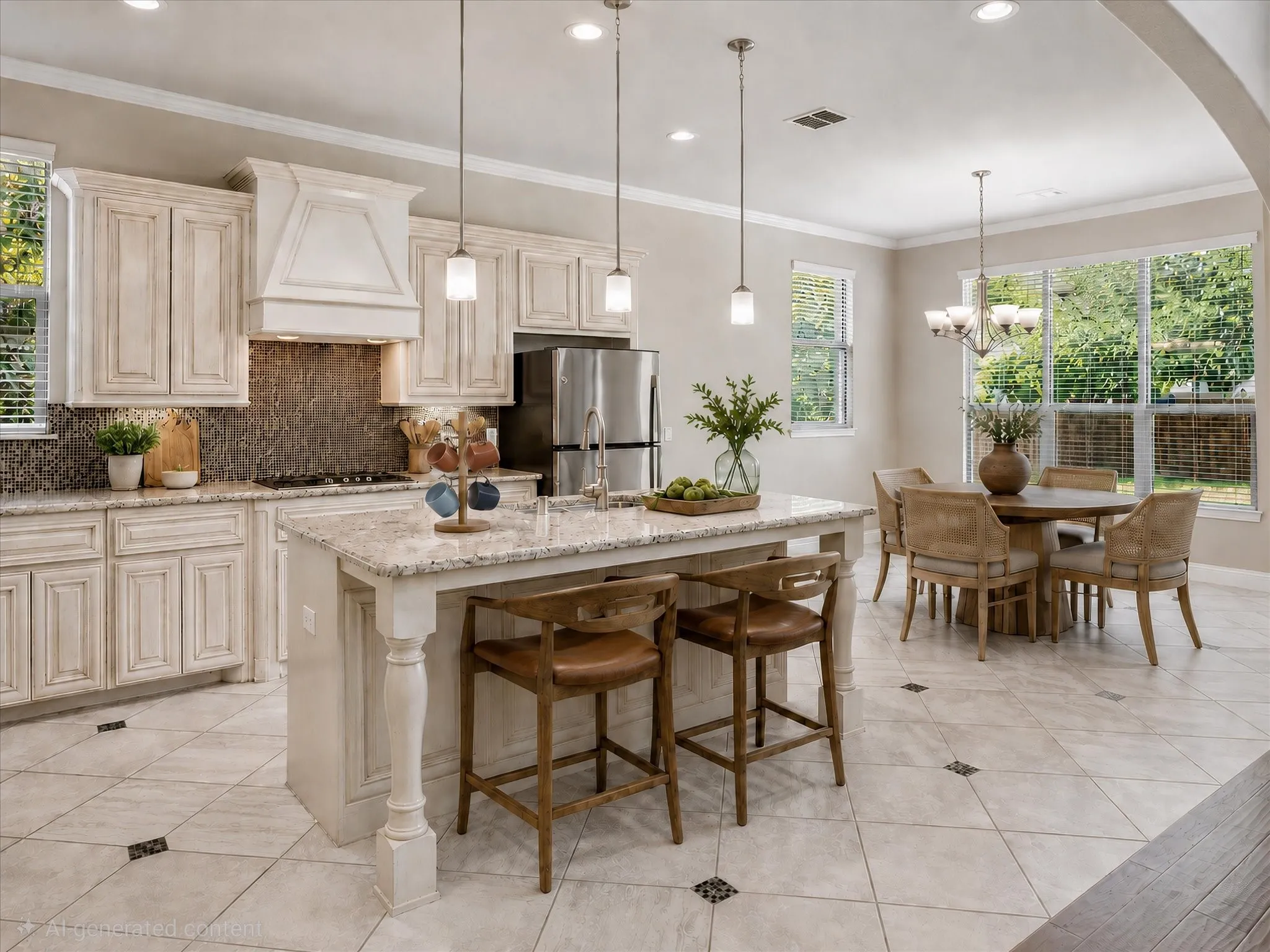 VIRTUALLY STAGED PHOTO OF KITCHEN - Kitchen and dining area featuring light-toned cabinetry, a spacious island with seating, stainless steel appliances, a tile backsplash, and large windows
