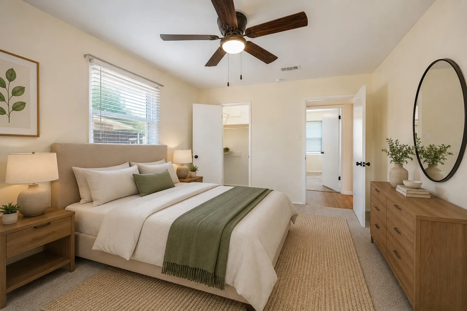 Carpeted flooring, ceiling fan with integrated lighting, window with blinds, and a built-in closet with shelving (Virtually staged)