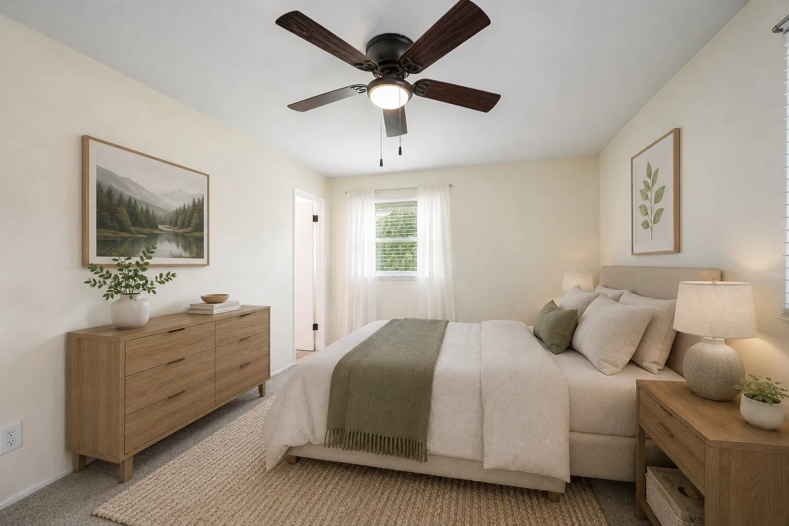 Overhead ceiling fan with integrated lighting (Virtually staged)
