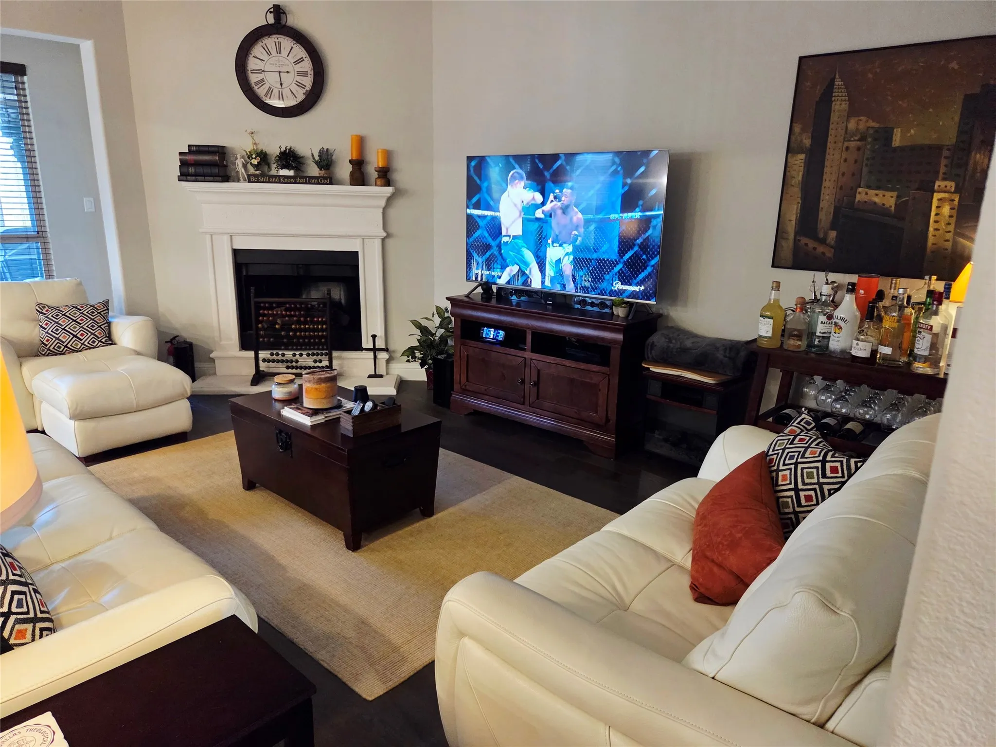 Another view of Living Room with fireplace.