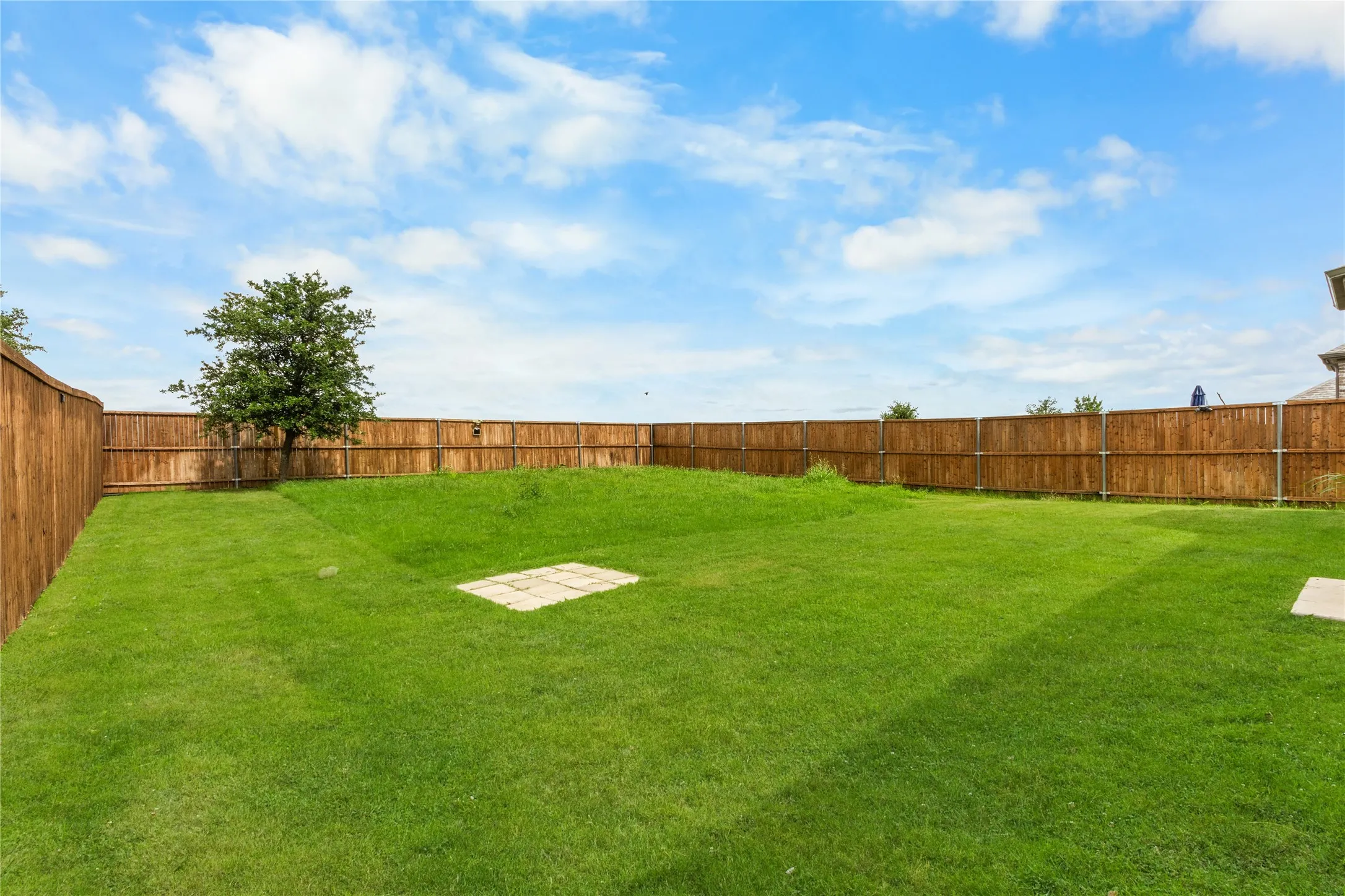 Expansive backyard featuring a lush green lawn, full privacy fencing, and a mature tree